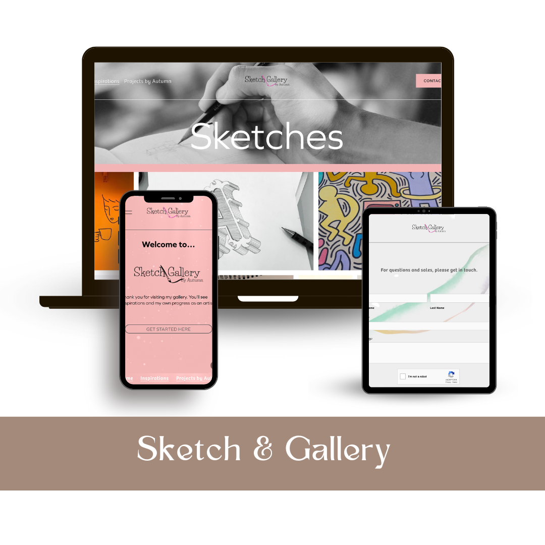 The image showcases a website titled "Sketch & Gallery" displayed on a laptop, a smartphone, and a tablet. The website features various sketches and artwork, with a pink and white color scheme.
