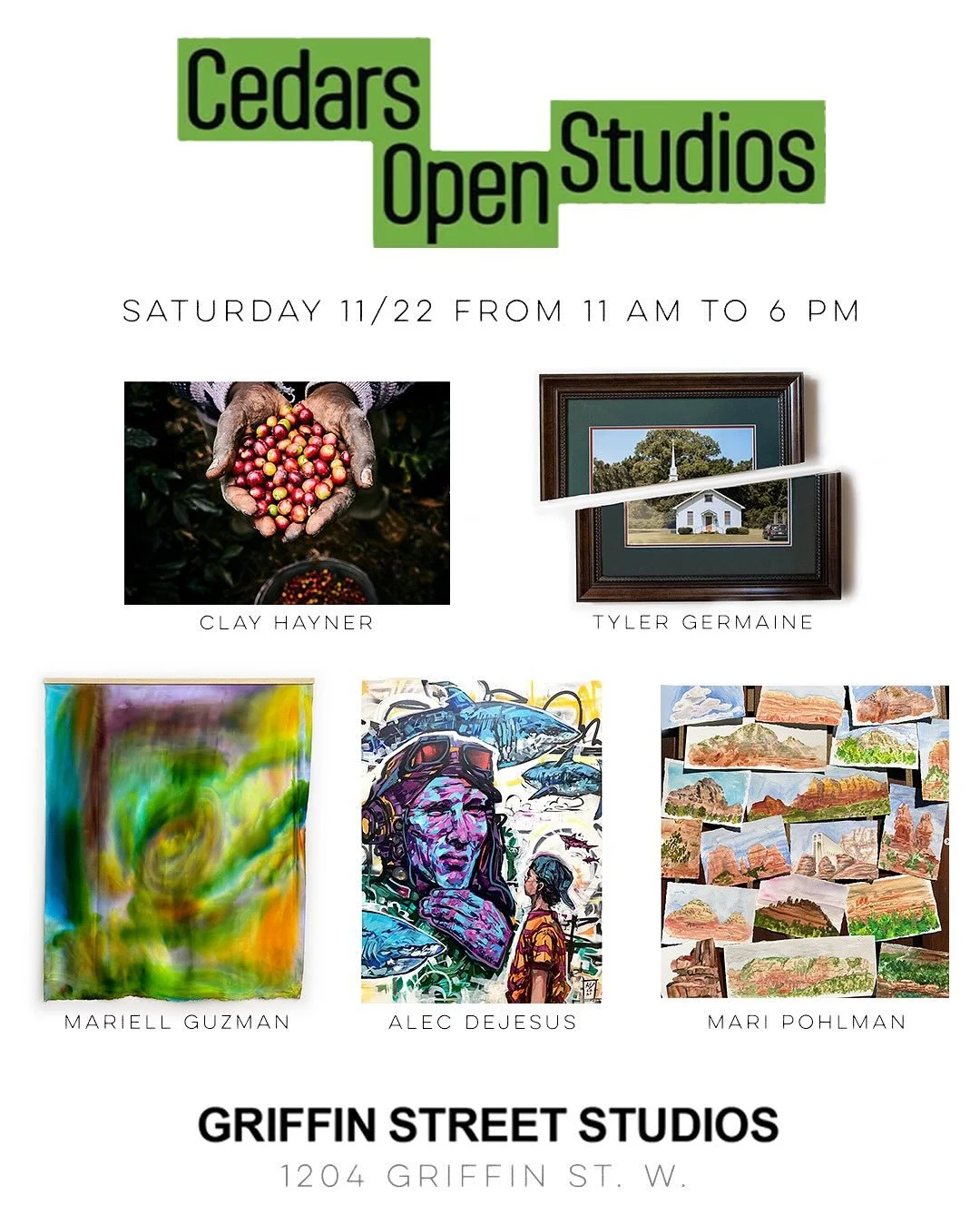 I&rsquo;ll be showing art with @griffinstreetstudios with some dope homies for @cedarsopenstudios. If y&rsquo;all are free and don&rsquo;t come through then we&rsquo;re gonna have a problem!

Featuring artists:
@mariellguzman 
@clayhaynerphoto 
@youc
