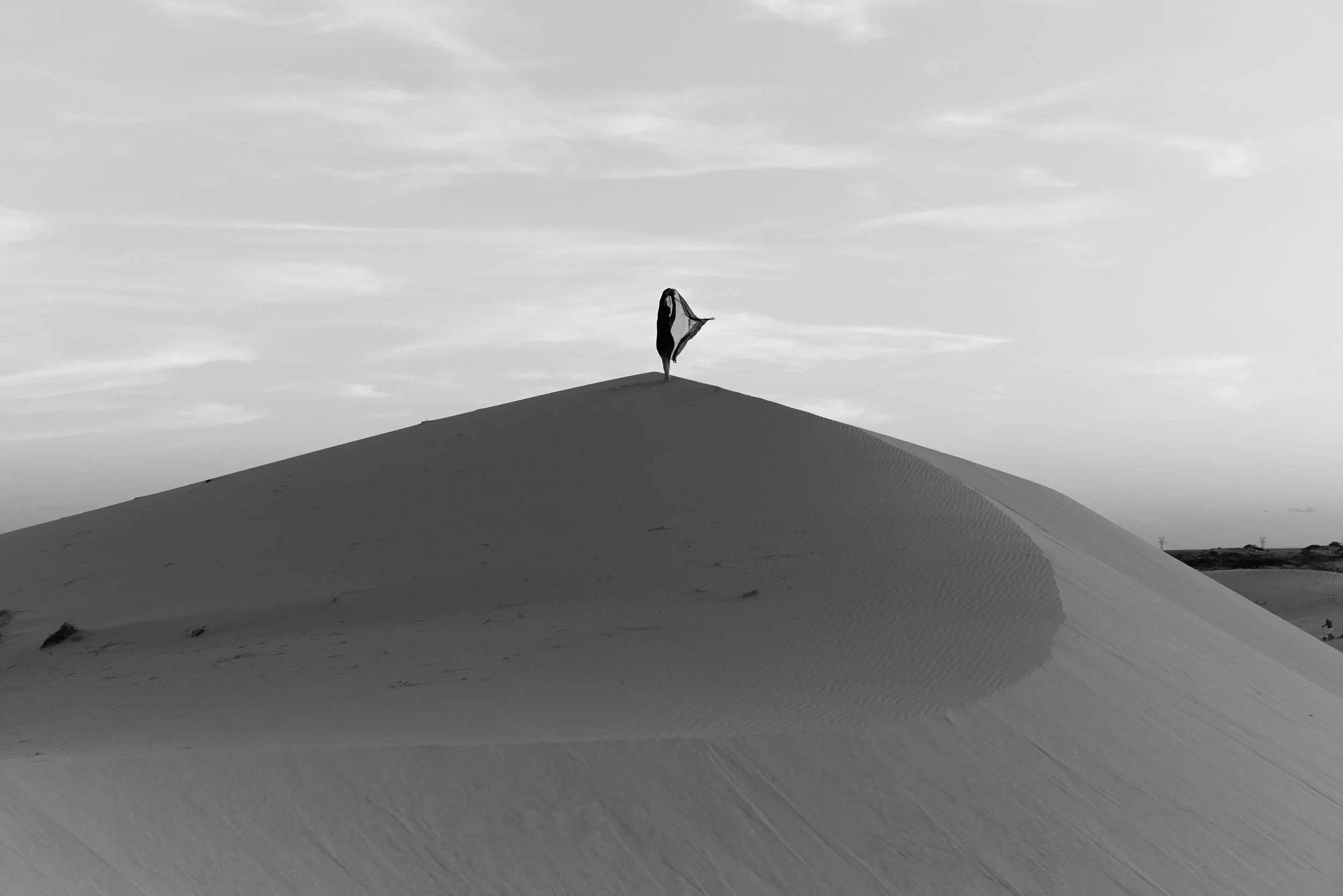 A person standing on a sand dune holding a flag in a desert landscape with a partly cloudy sky.