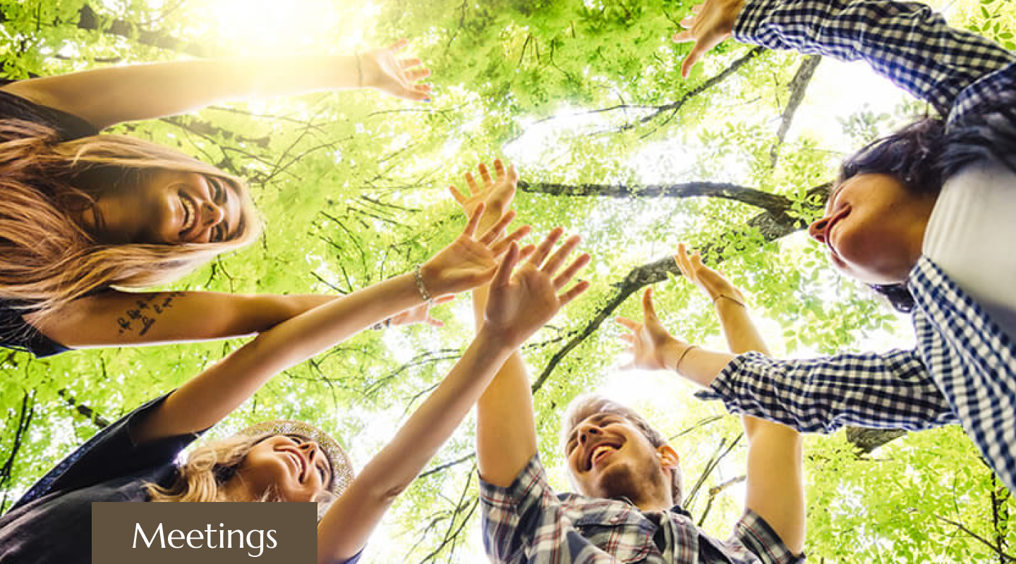 Group of friends outdoors, smiling, and reaching up with their hands touched together, surrounded by green trees and sunlight.
