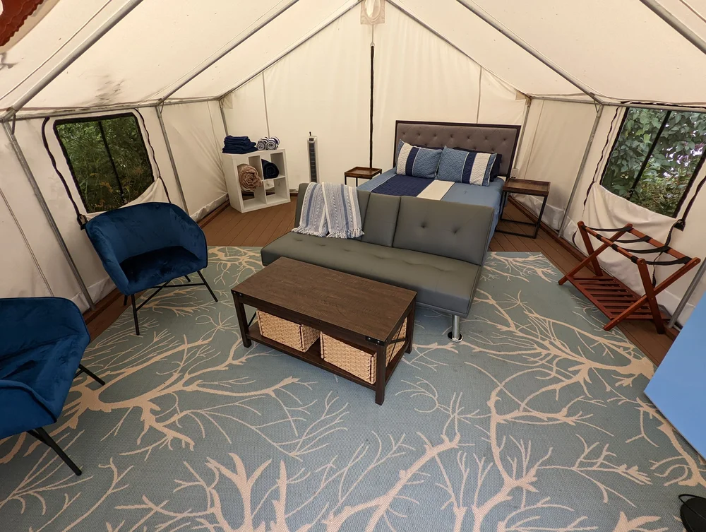 Tent interior with modern furnishings