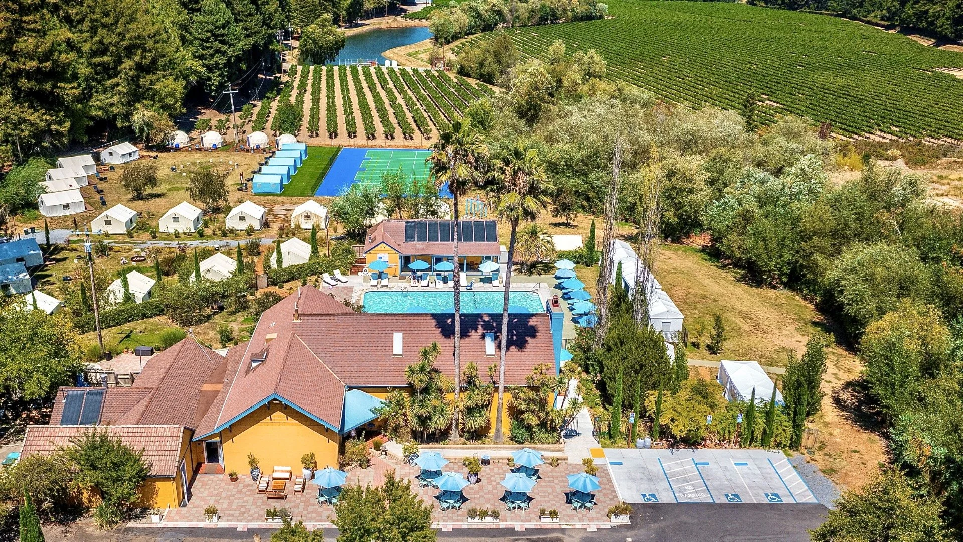 Aerial view of Surrey Resort in redwoods