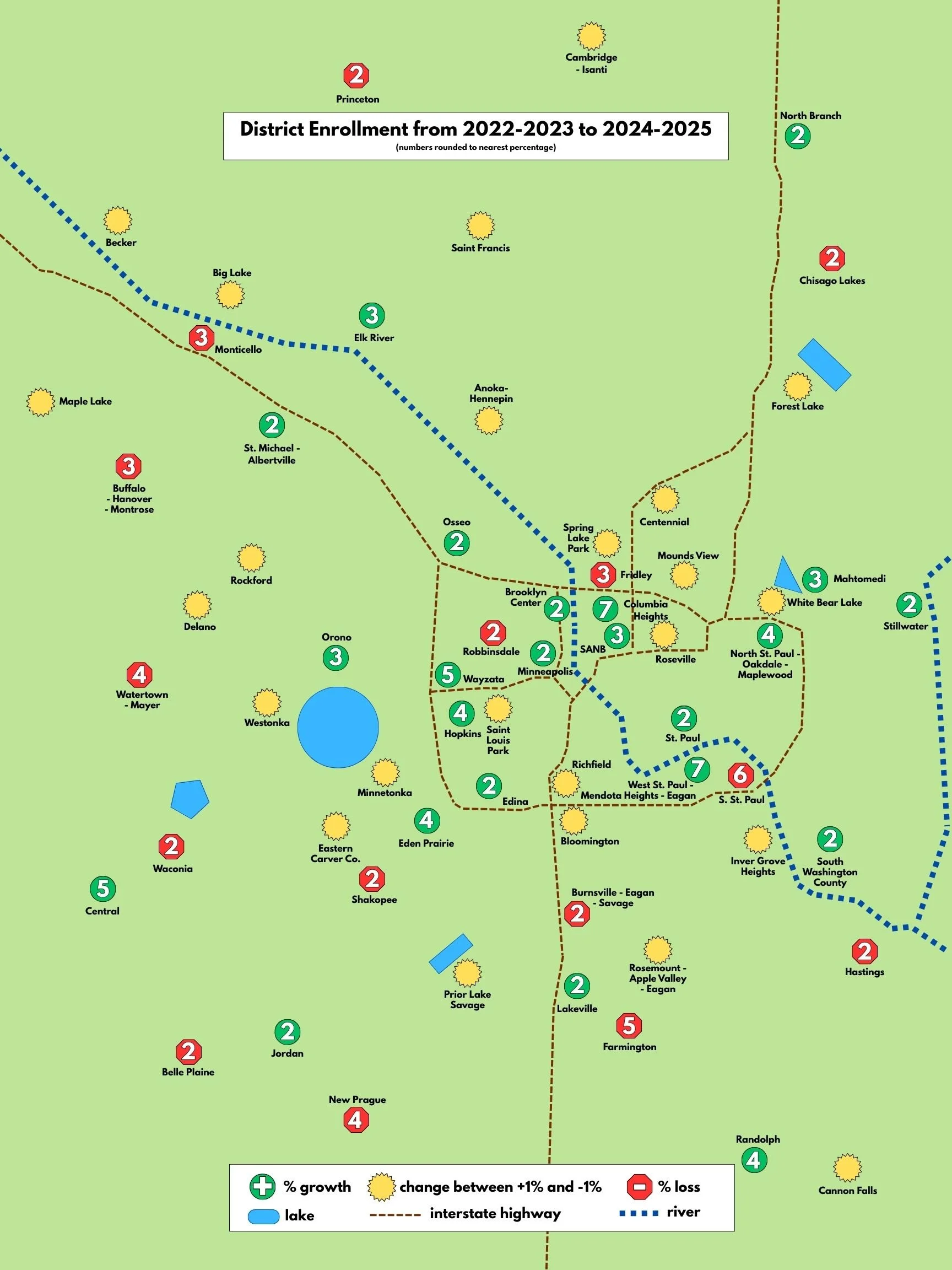 Map showing enrollment changes