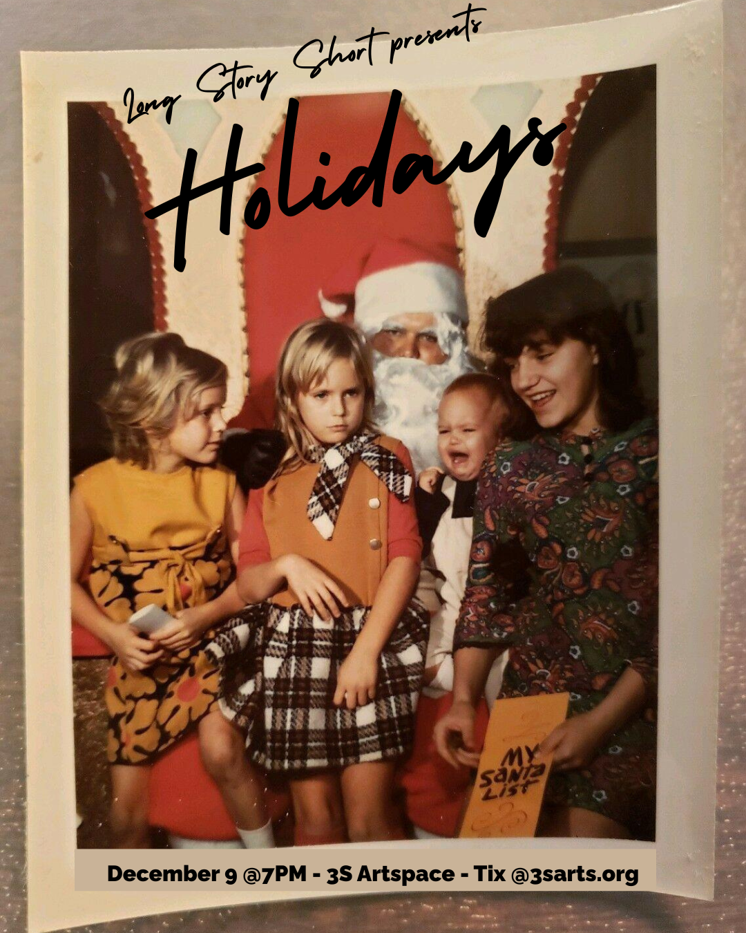 Picture of girls on Santa's lap, vintage 1970s and the girls look unhappy and uncomfortable