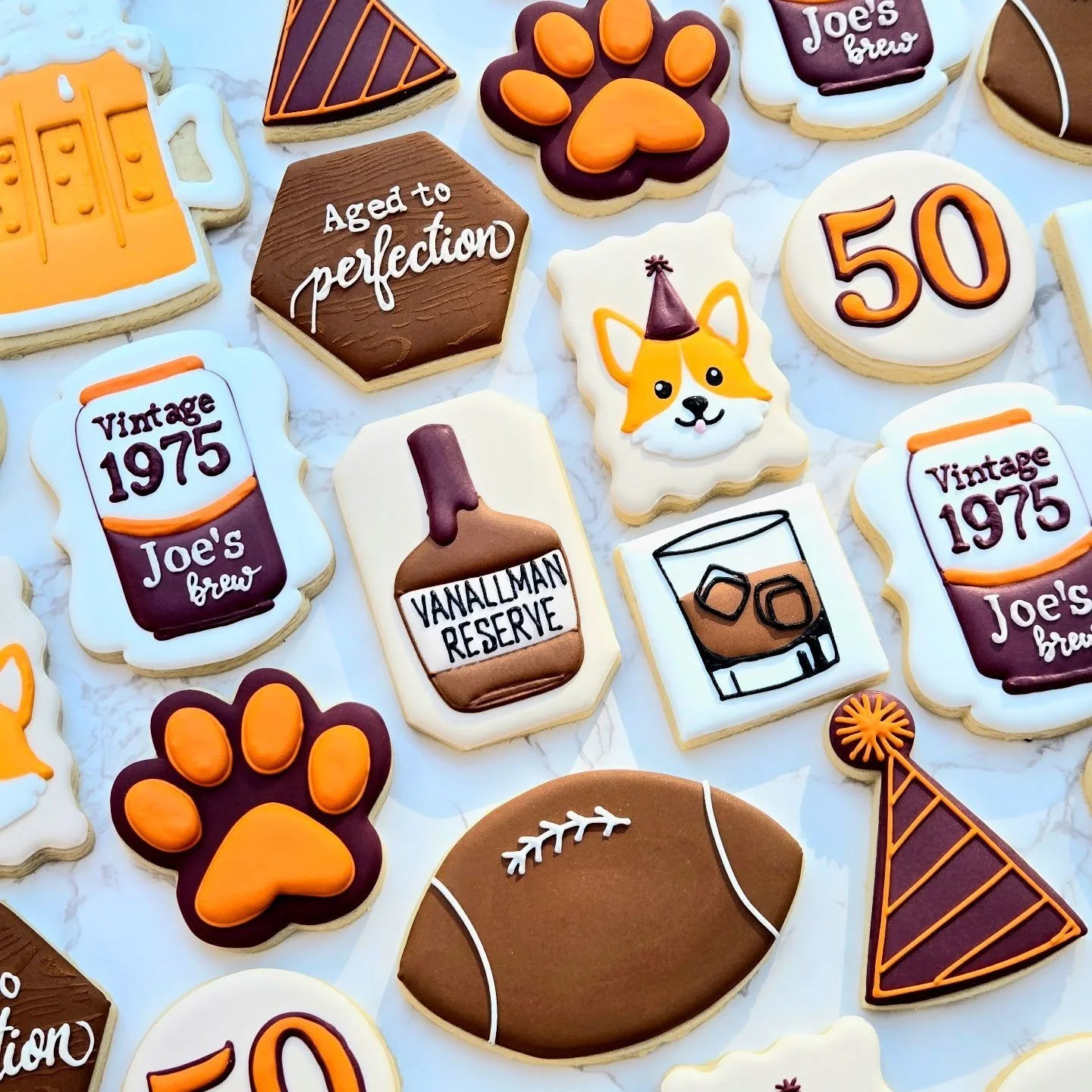 Celebrated this 50-year-old with all his favorite things! 🏈🍻🐶
.
.
.
#homemade #baking #sugarcookies #royalicing  #cookies #cookiesofinstagram #decoratedcookies #dessertsofig #cookiesofig #edibleart #weddingcookies #birthdaycookies #bridalshowercoo
