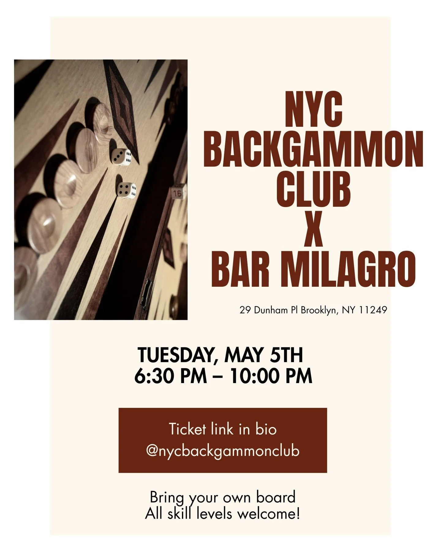 We're back with another backgammon night &ndash; on Tuesday, 3/5!

​✨ Important: Registration is required to attend! Ticket link in bio @nycbackgammonclub 

​📅 Date: Tuesday, May 5th
🕡 Time: Drop in anytime between 6:30 PM &ndash; 10:00 PM
📍 Locat