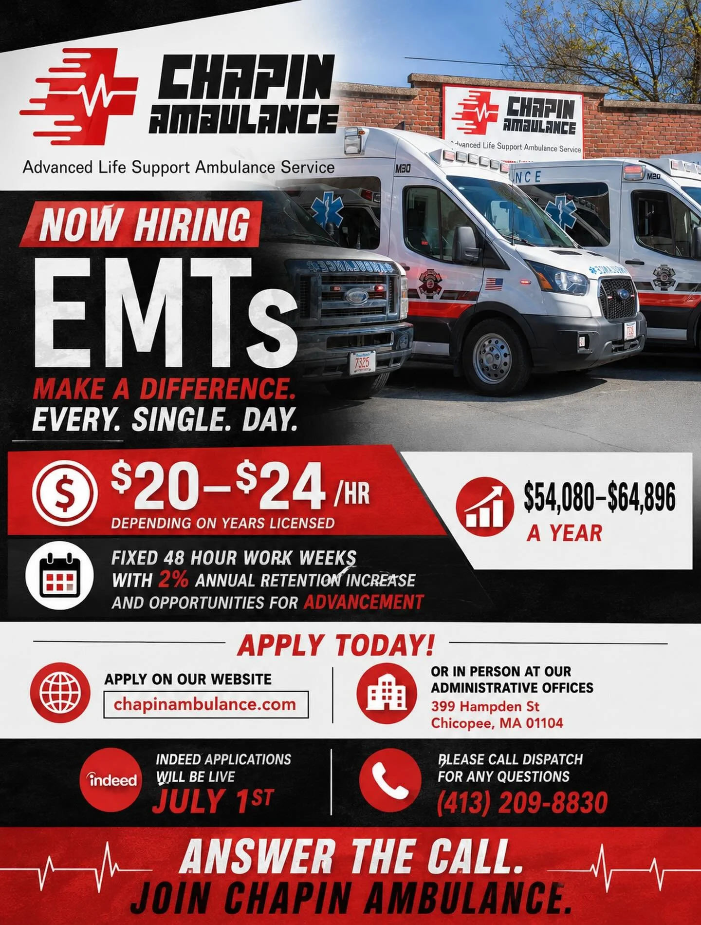 🚑 We&rsquo;re Hiring EMTs! Join the Chapin Ambulance Team!

If you&rsquo;re looking for a career where your work truly makes a difference, we&rsquo;d love to hear from you.

We offer:
✅ $20&ndash;$24/hour (based on years licensed)
✅ Fixed 48-hour wo