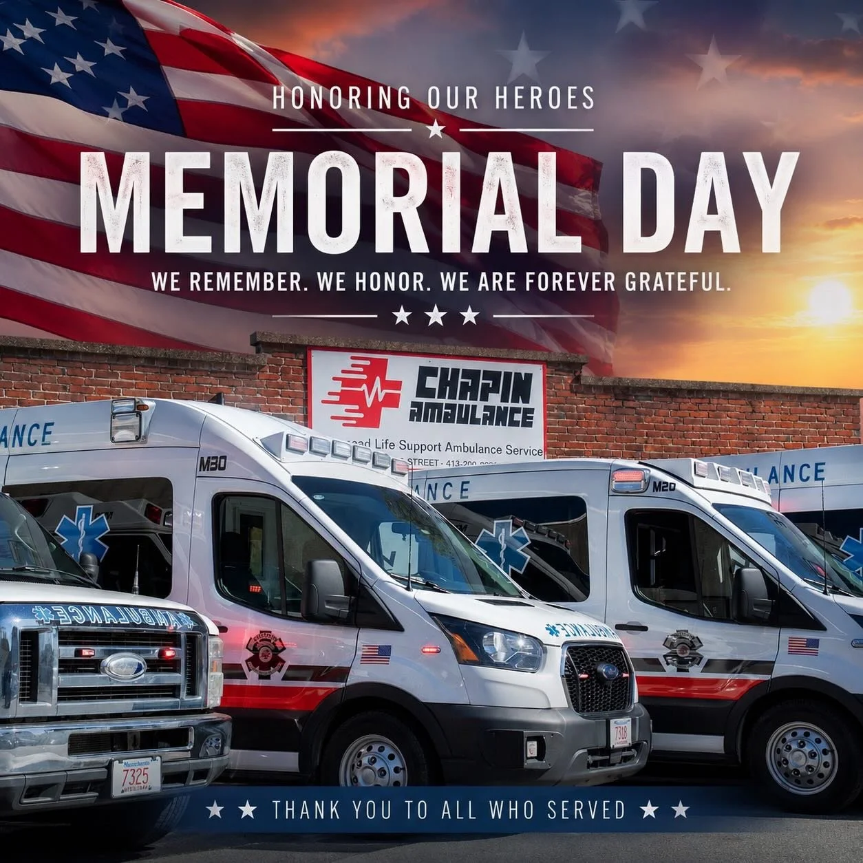 Today we remember and honor the brave men and women who made the ultimate sacrifice for our country. 🇺🇸

This Memorial Day, all of us at Chapin Ambulance stand in gratitude for the heroes who gave everything so we could enjoy the freedoms we have t