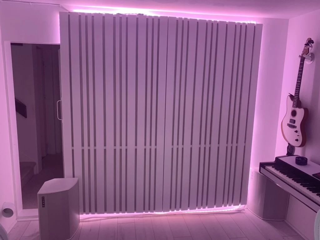 Custom 7'x7' bass trap with installed lighting