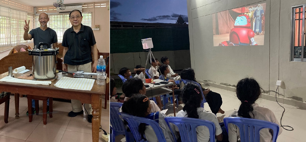  Left: SY and Kim Cheng manning the Dental Autoclave Steam Steriliser.   Right: Daniel (not in the picture) screening video using his portable projector to the children waiting for their dental services. 