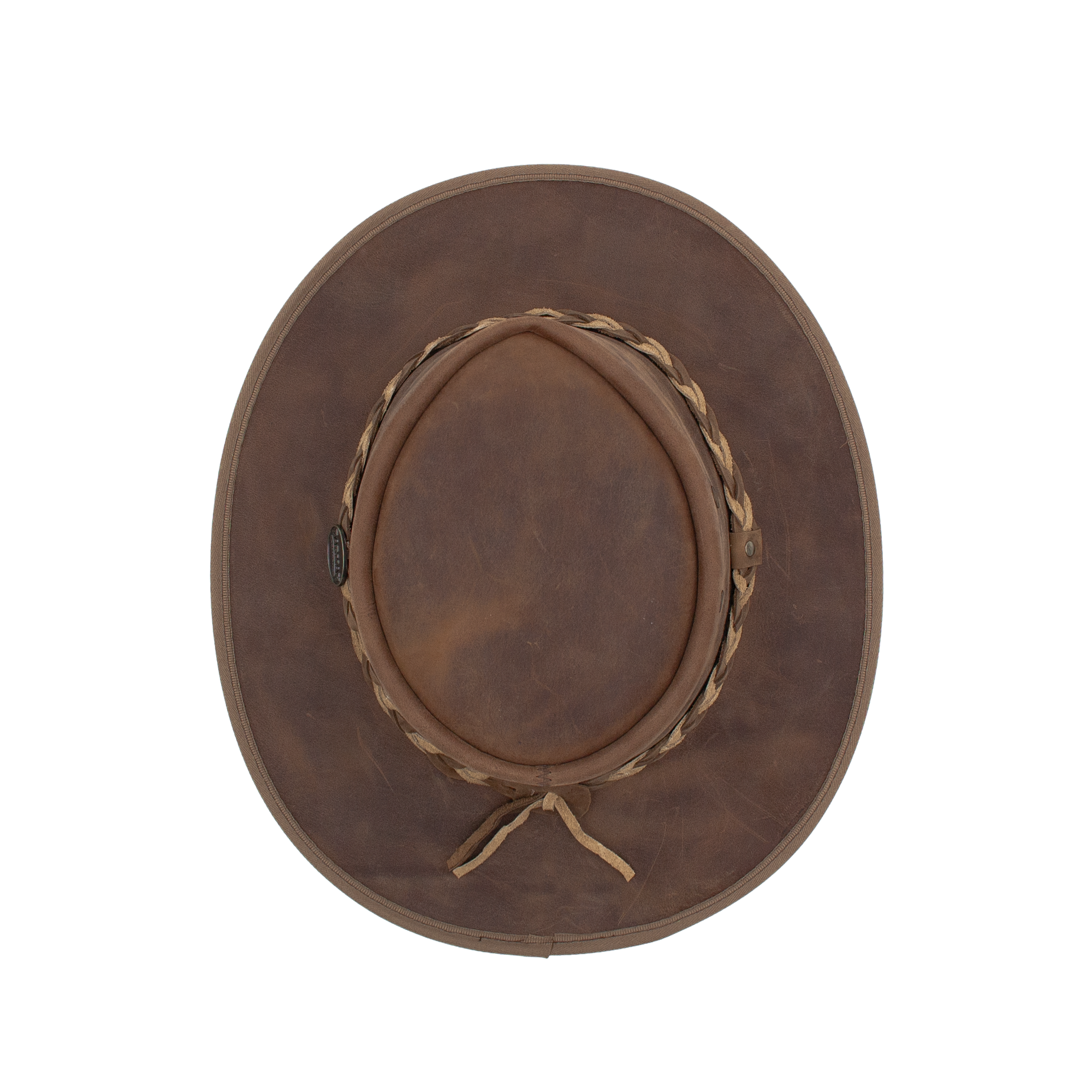 Squashy Bronco cattle leather hat in Hickory Two Tone – top view