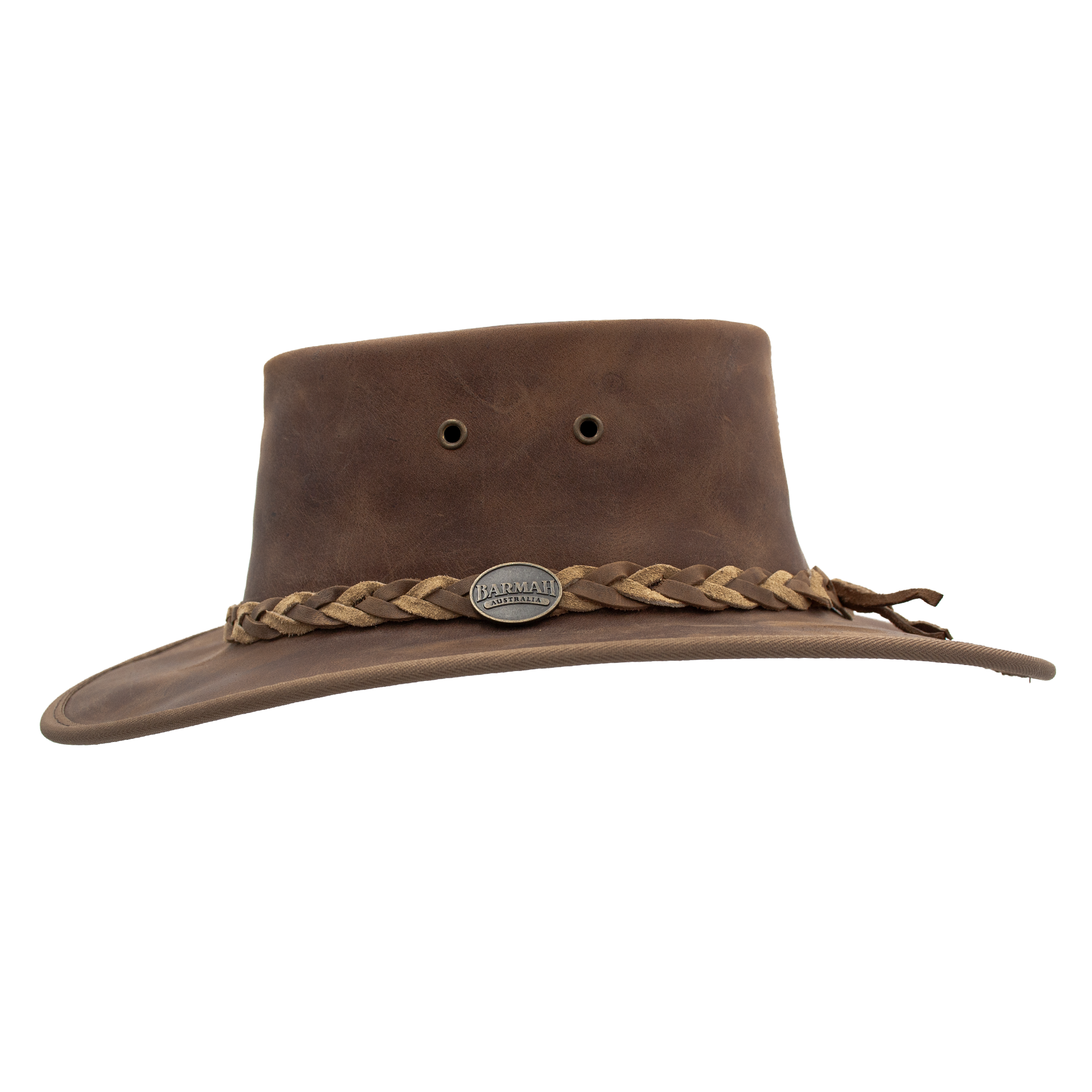 Squashy Bronco cattle leather hat in Hickory Two Tone – side view