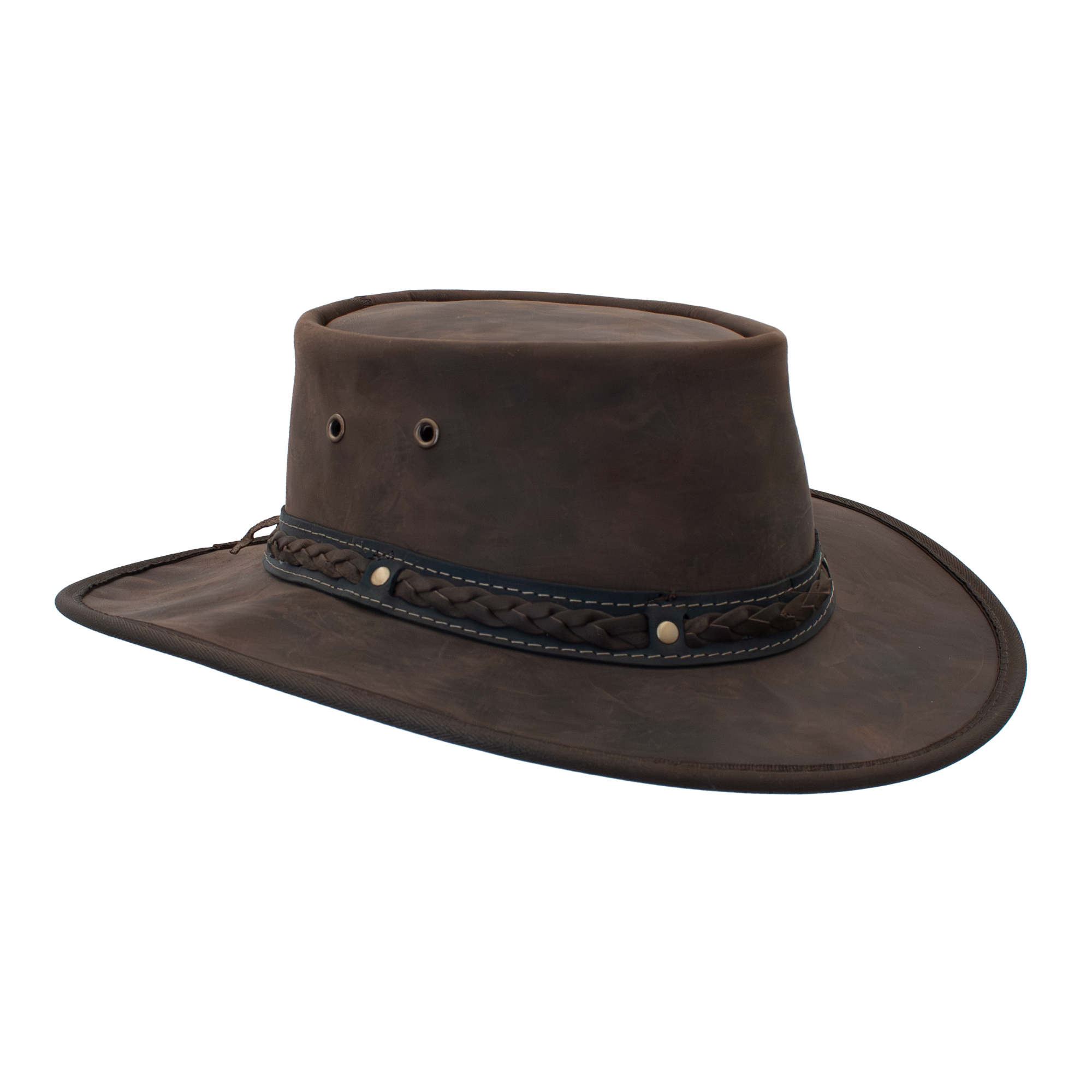 Squashy Bronco leather hat in Choc Front Side