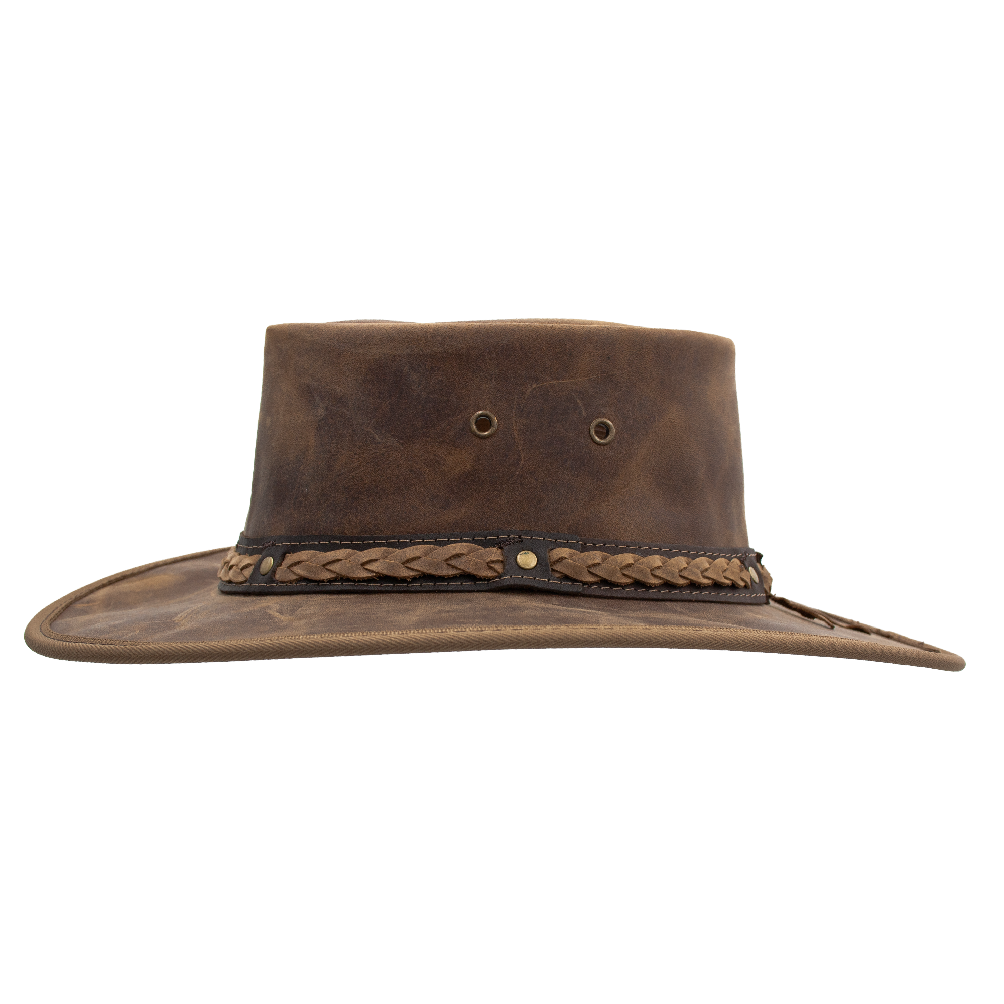 Squashy Bronco cattle leather hat in Hickory – side view