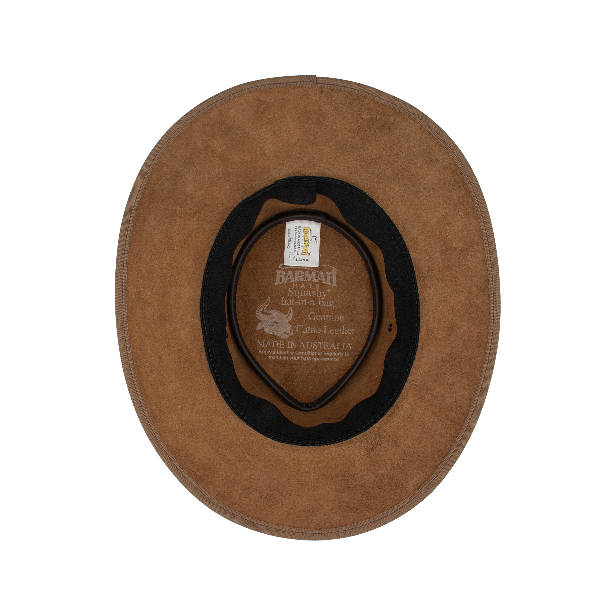 Squashy Bronco cattle leather hat in Hickory – underside view