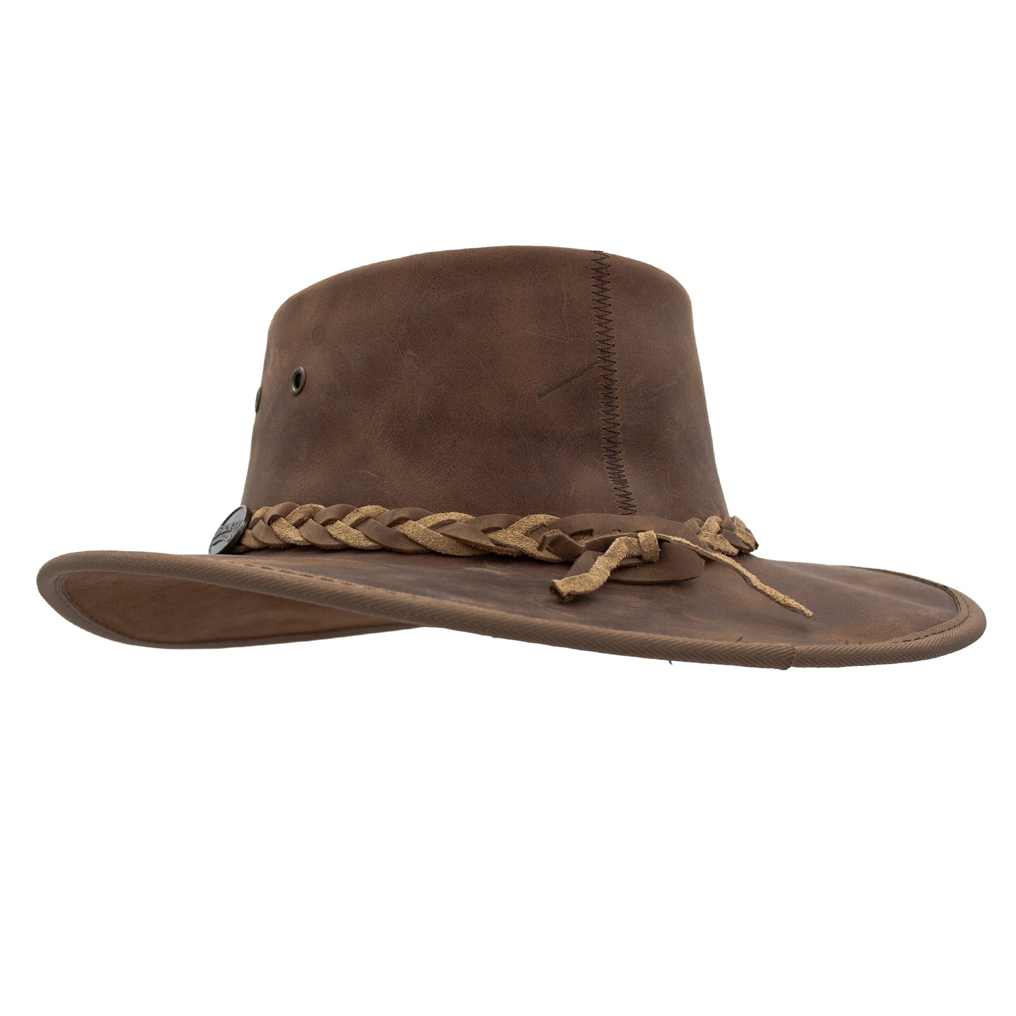 Squashy Bronco cattle leather hat in Hickory Two Tone – back view
