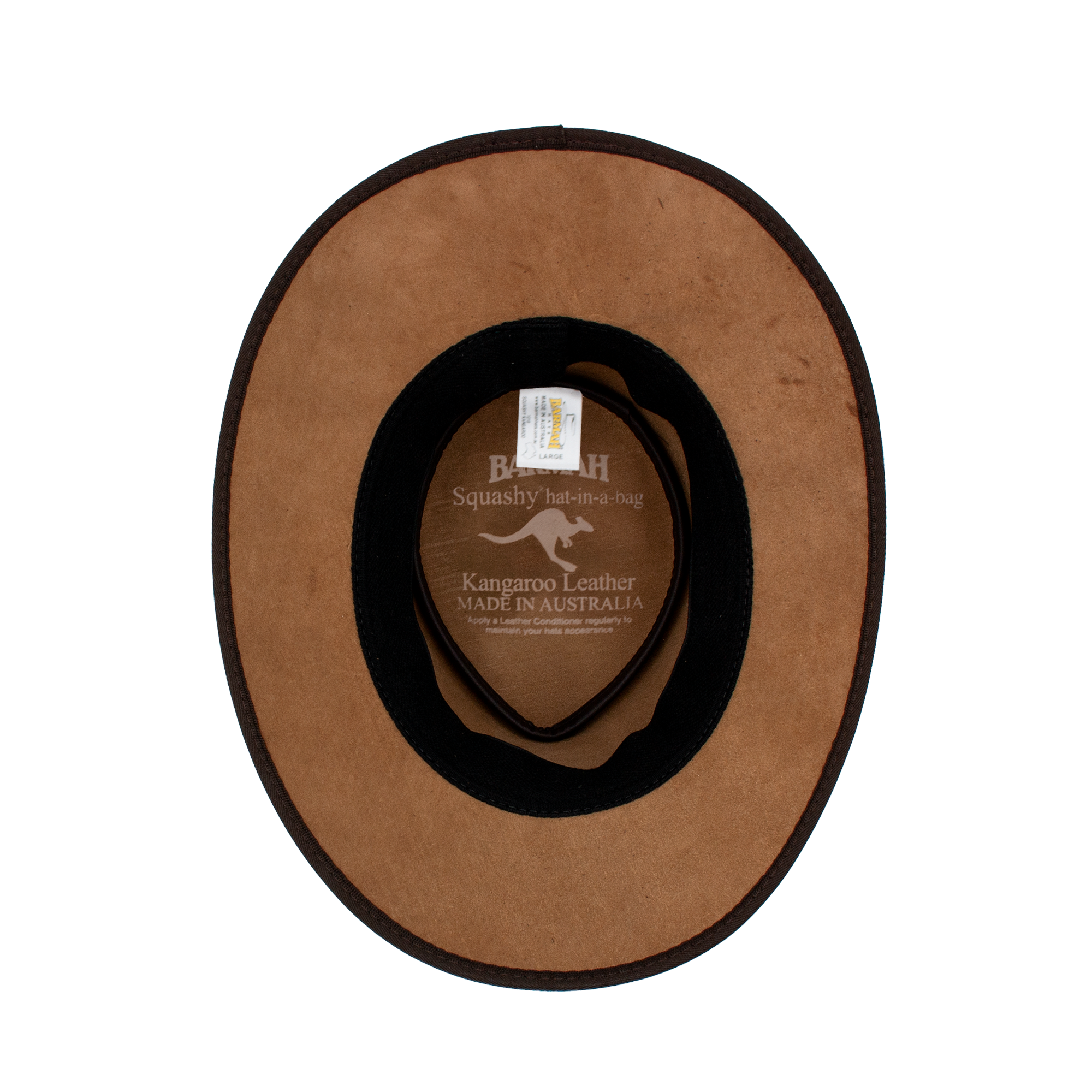 Squashy Crackle Kangaroo leather hat in Vintage Brown – interior view