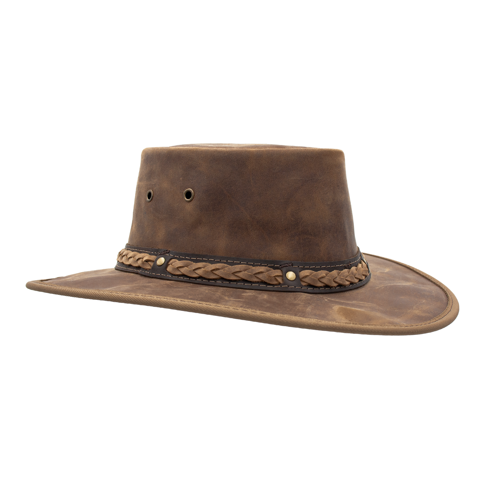 Squashy Bronco cattle leather hat in Hickory – front view