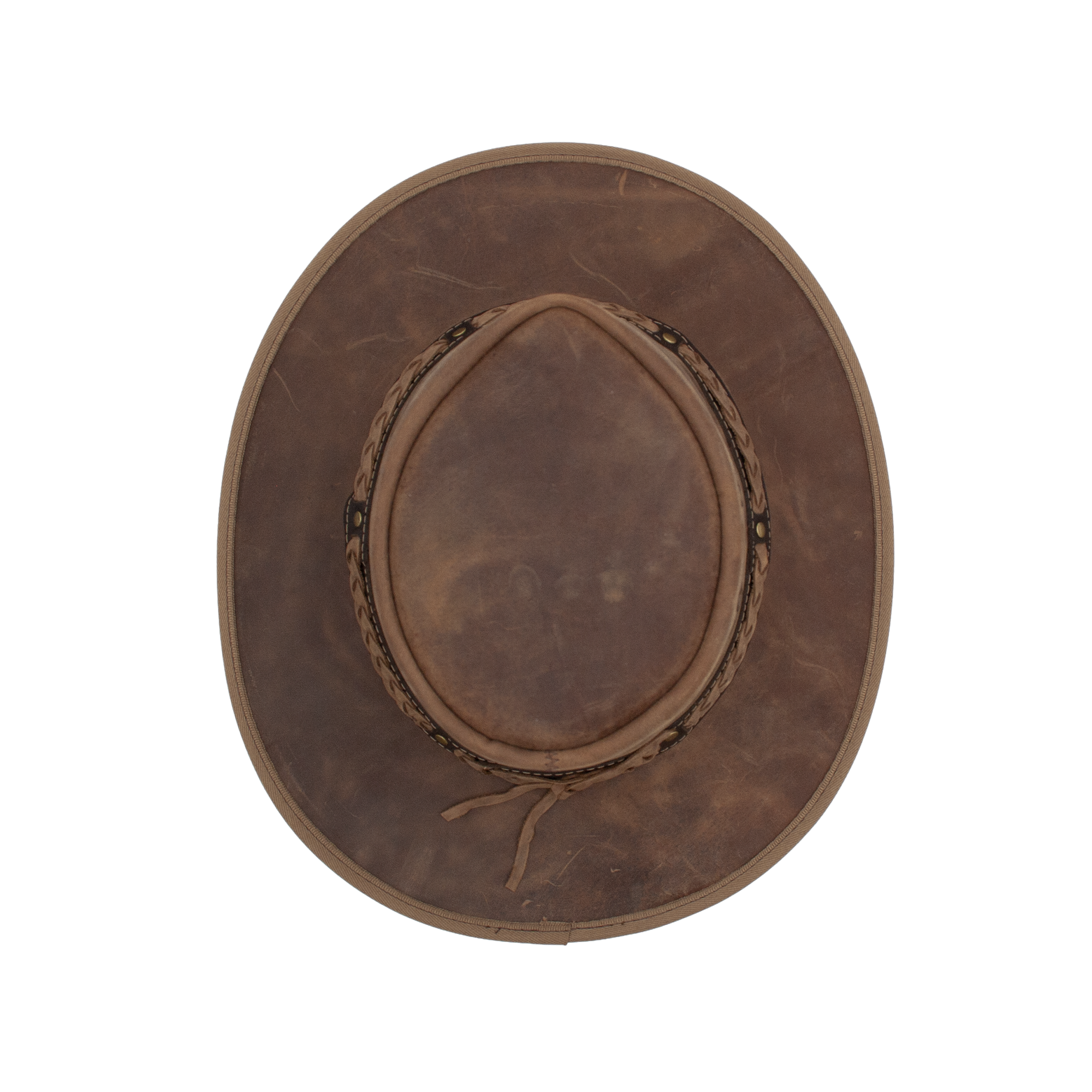 Squashy Bronco cattle leather hat in Hickory – top view