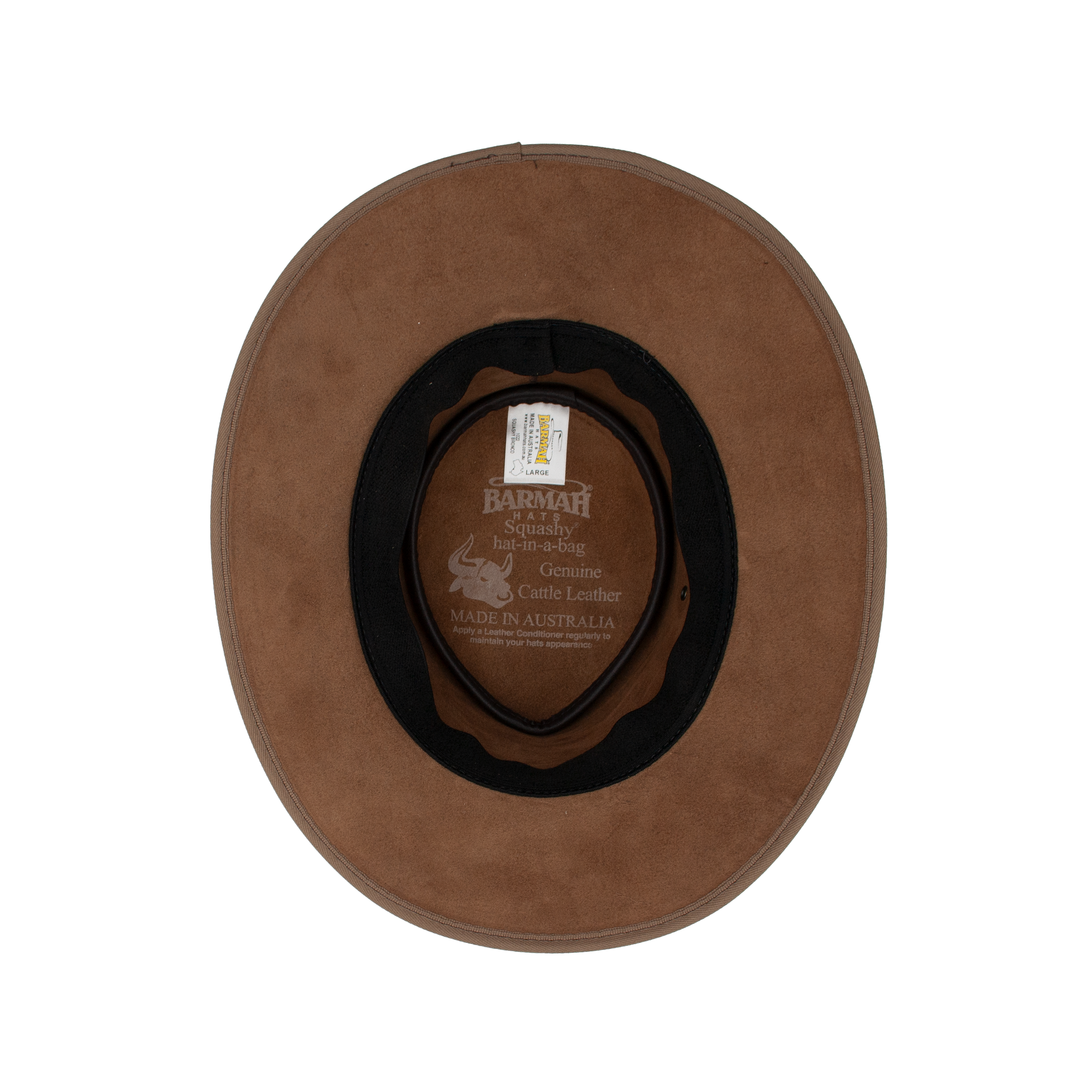 Squashy Bronco cattle leather hat in Hickory Two Tone – interior view