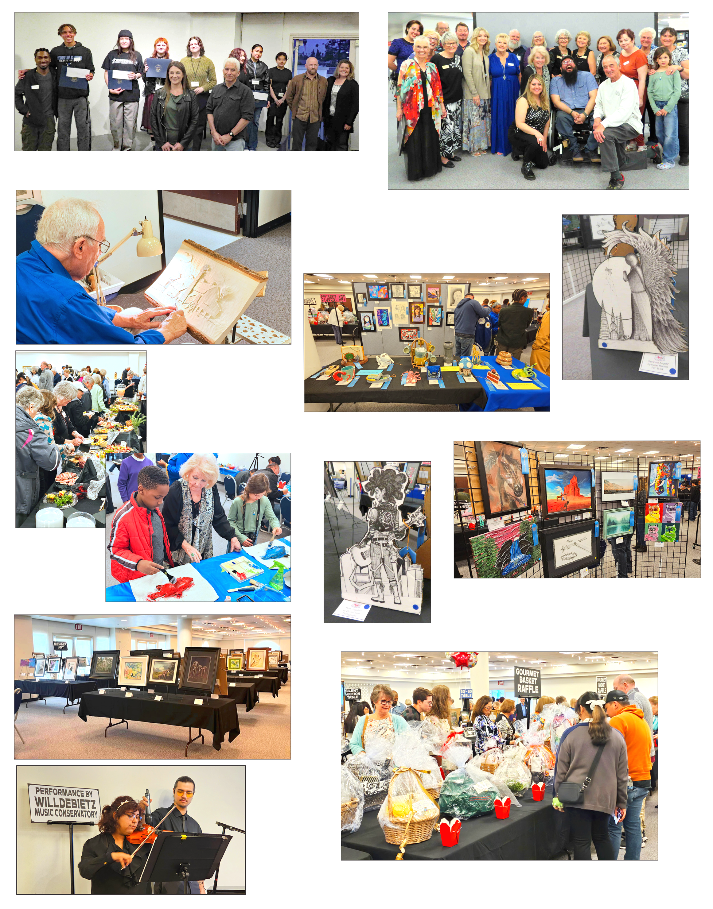 Group photos of people at an art and craft event, including artists, attendees, a painting demonstration, artwork displays, art pieces, a music performance, and a raffle with baskets.