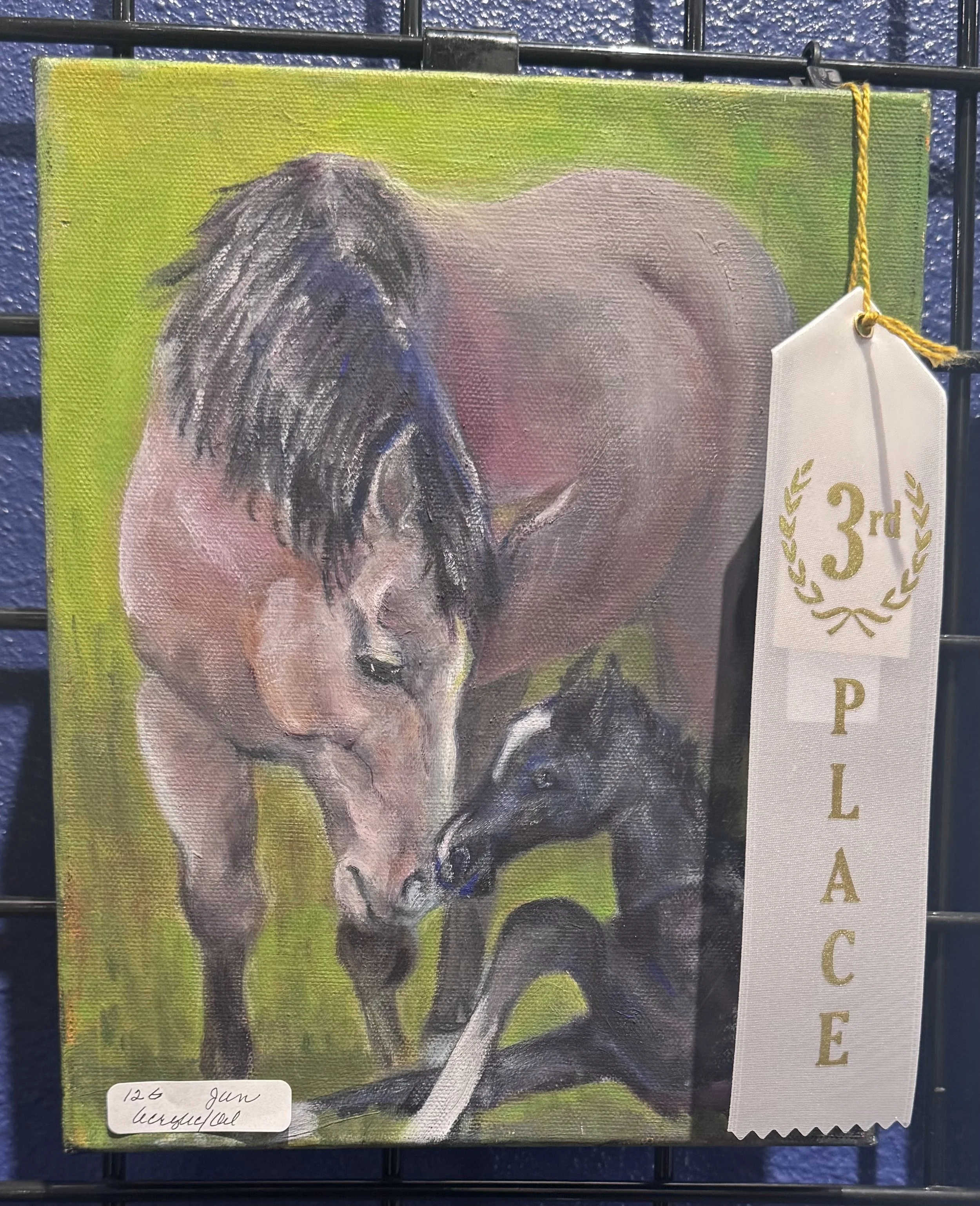 Art painting of a bird, possibly a rhea or ostrich, with a green background and a white ribbon award that reads "3rd place".