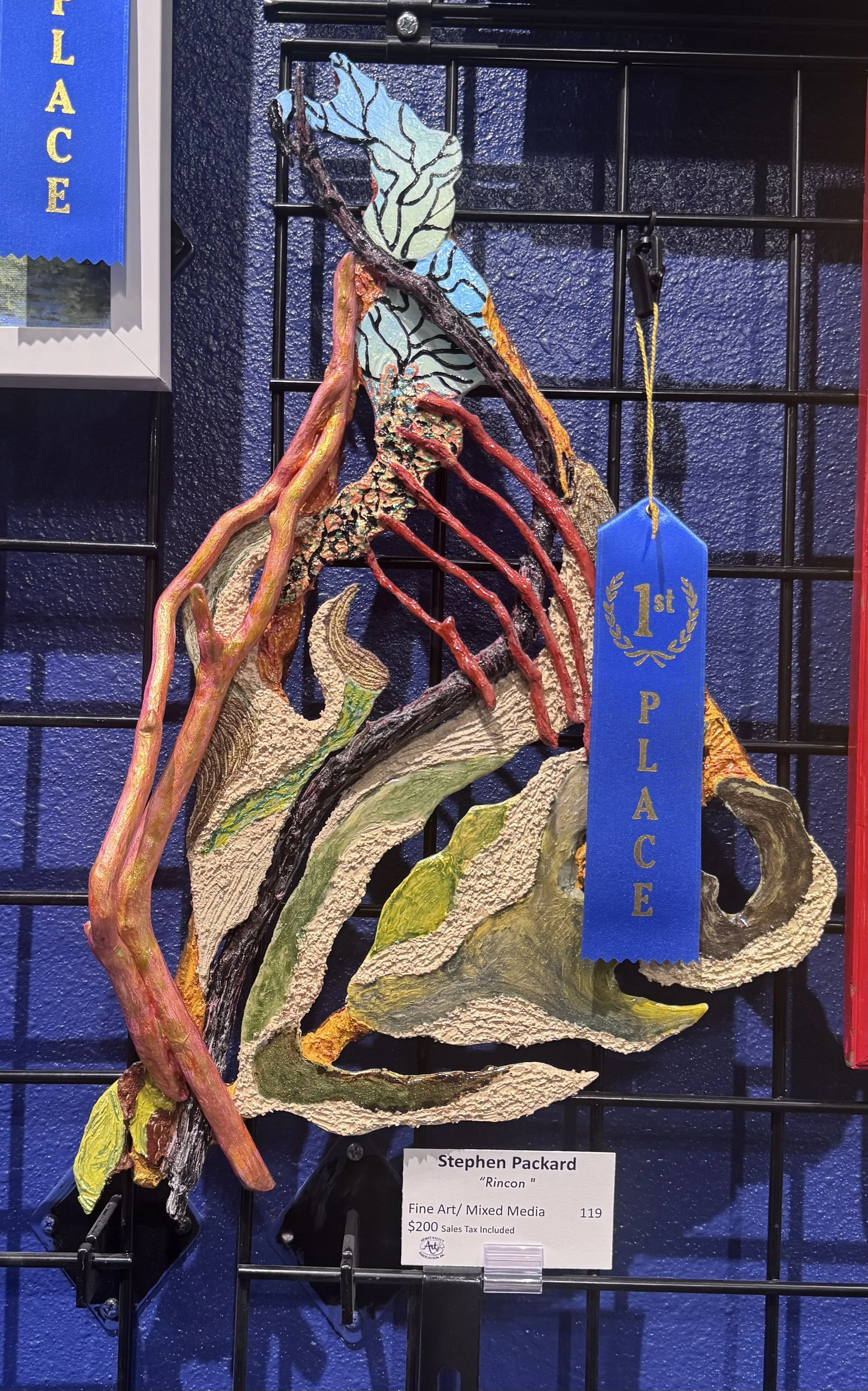 Mixed media artwork inspired by a bird, titled 'Rincon'