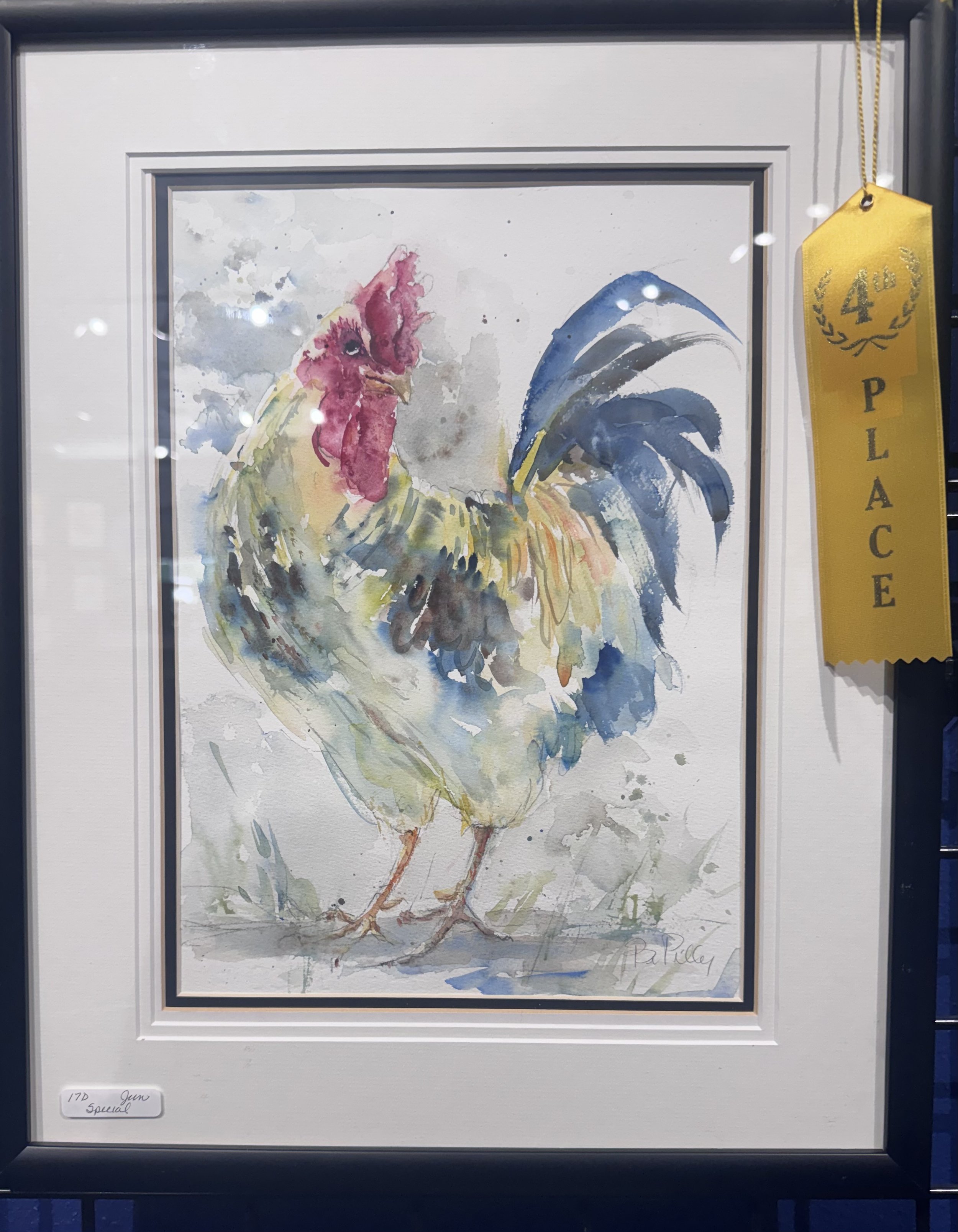 Watercolor painting of a rooster with a pink head, yellow and green body, and dark blue tail feathers, framed with a yellow ribbon marked '4H PLACE'.