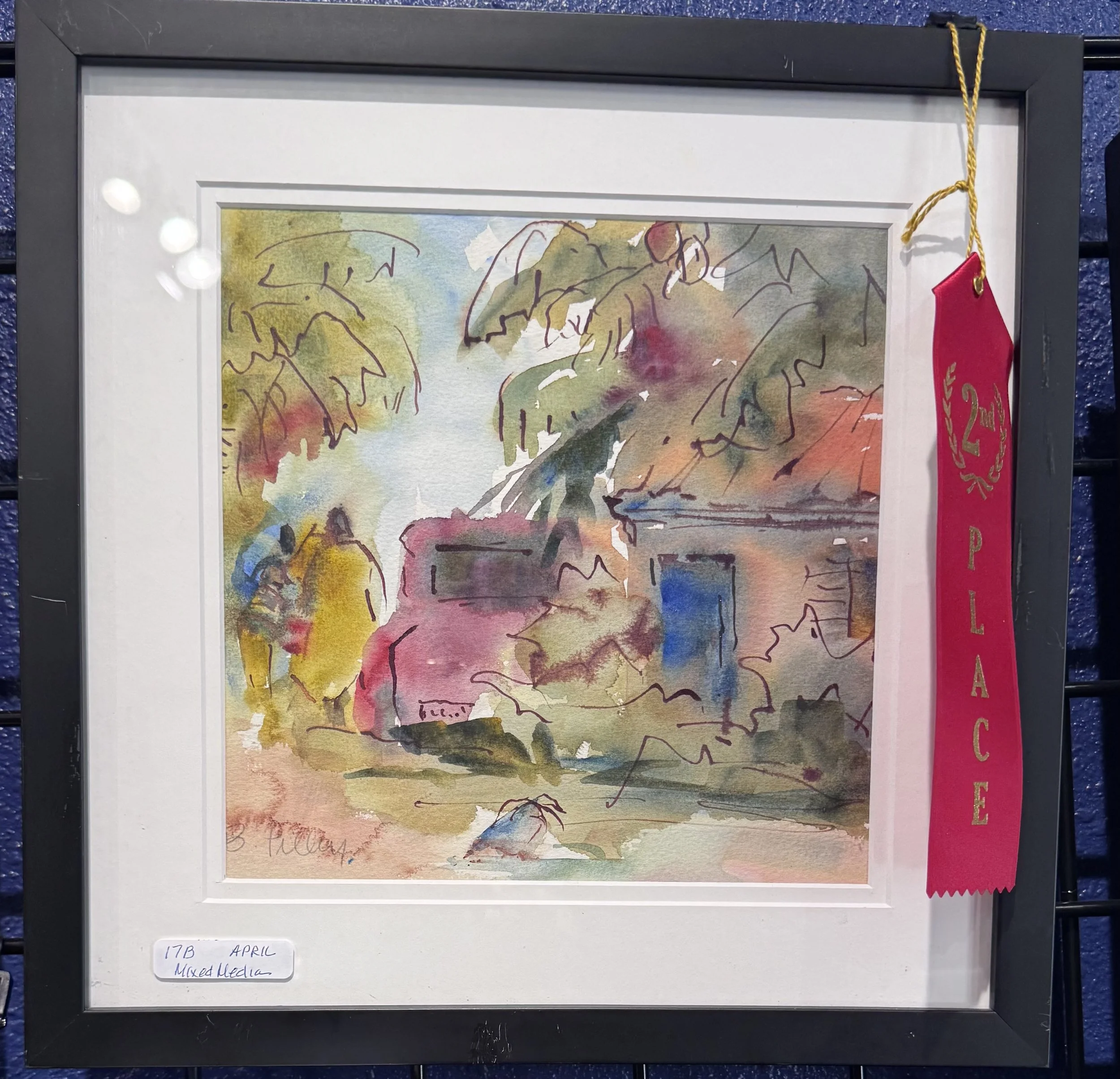 Colorful watercolor painting with abstract shapes and lines, framed and labeled as '17B April Mixed Media'.