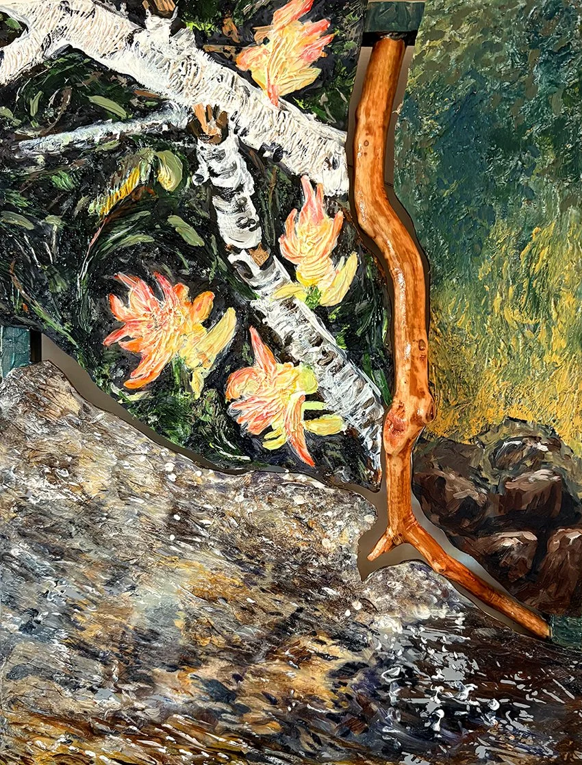 A close-up of an oil painting depicting a forest scene. There are colorful orange and yellow flowers, rocks, a birch tree, a fallen branch, and a textured ground, with a green background suggesting trees and foliage.