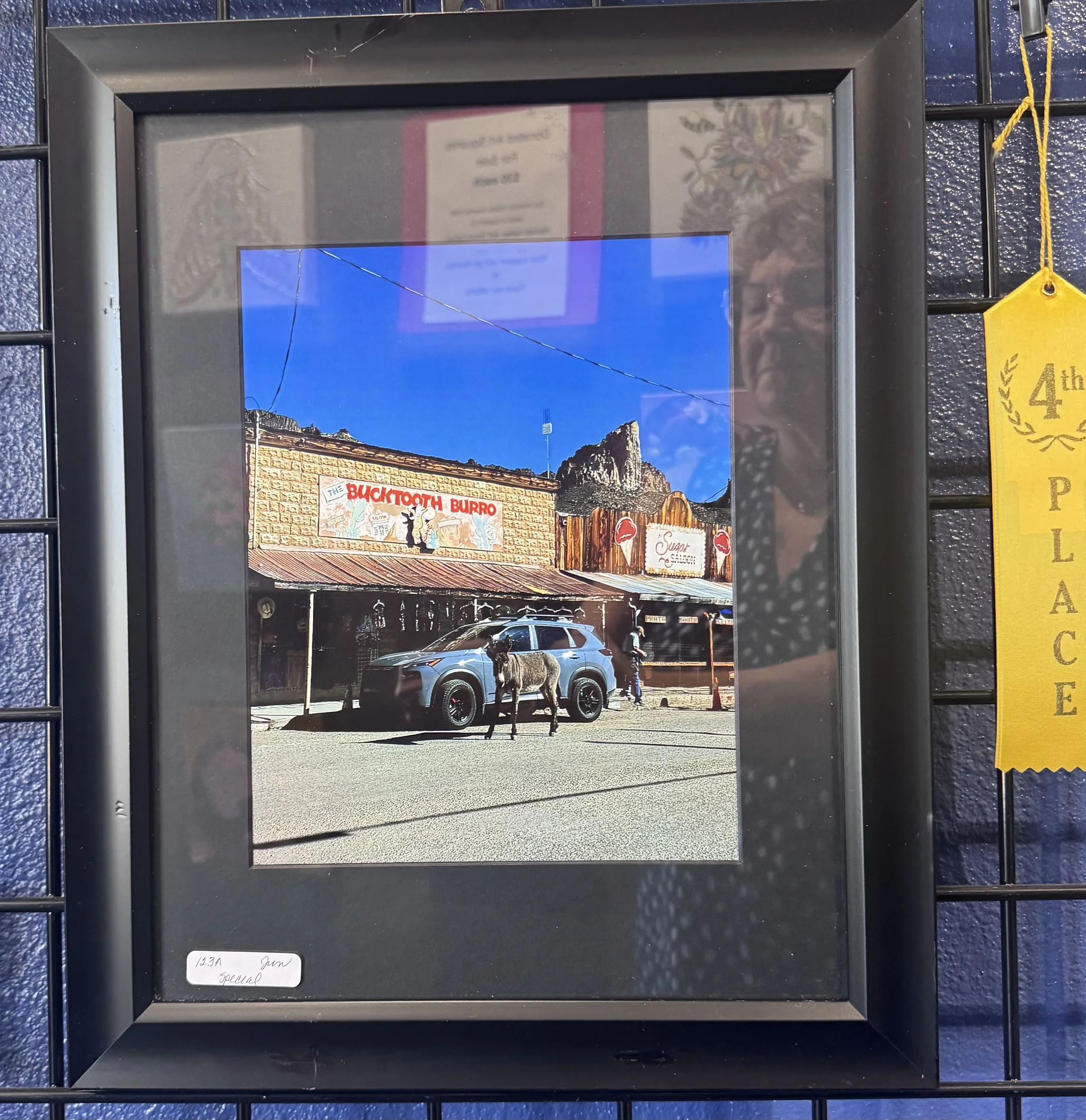 Reflection of a digital photo display showing a blue sky, a building with a sign that says 'Bucktooth Burro', and an outdoor scene with a silver car, a person, a goat, and a prominent mountain in the background.