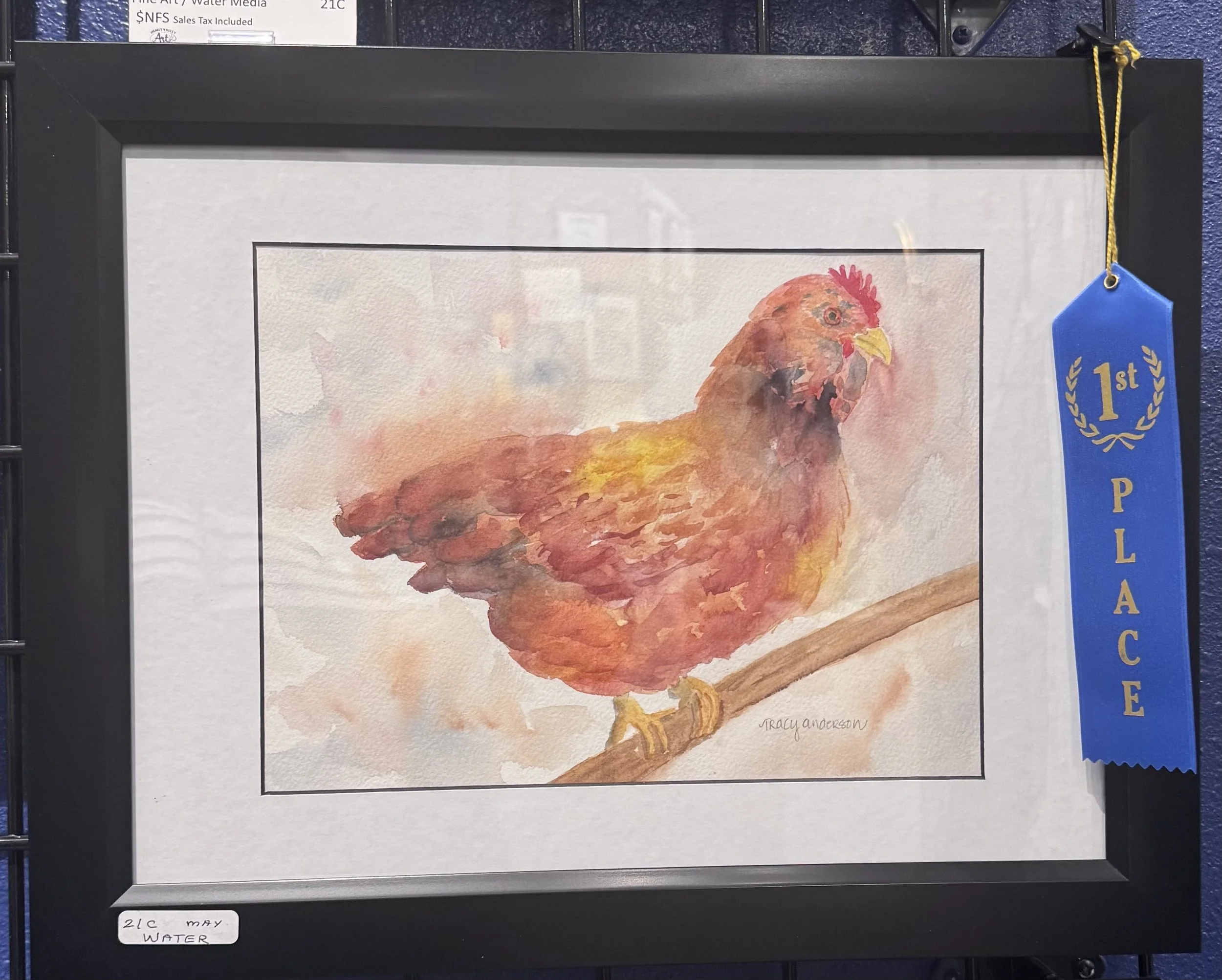 Watercolor painting of a chicken standing on a branch, with a small signature reading 'Tracy Anderson' at the bottom right corner, and a blue ribbon with yellow text that reads '1st Place' hanging on the right side of the frame.