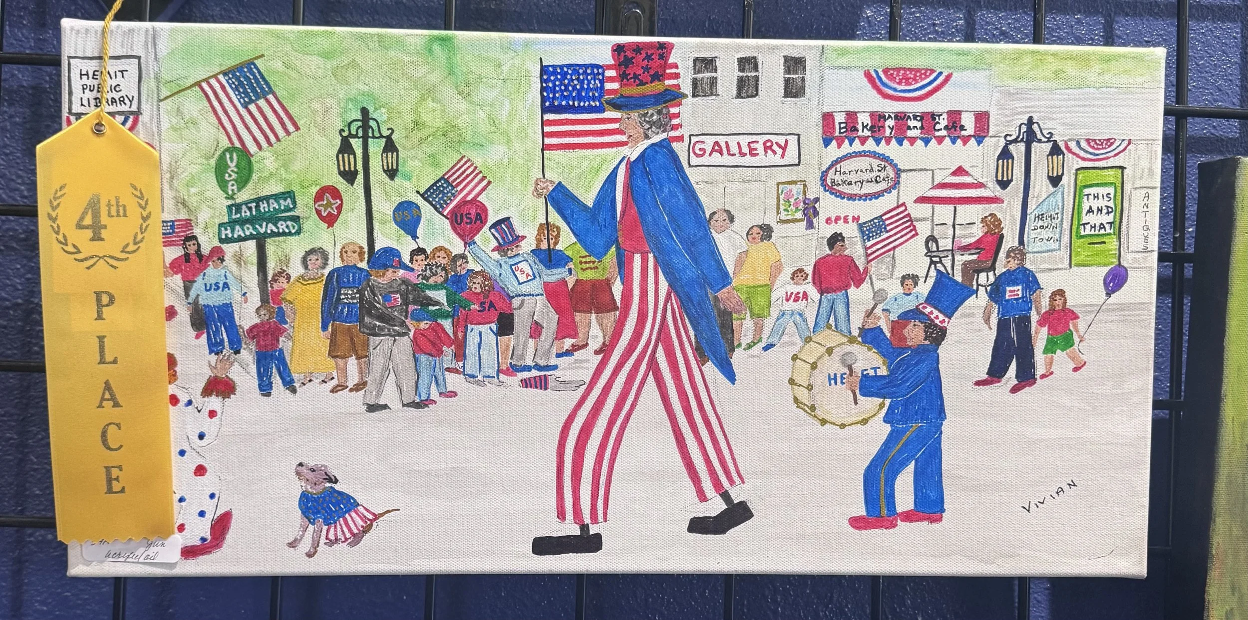 A drawing celebrating the 4th of July, featuring a parade with a figure dressed as Uncle Sam, children holding American flags, and storefronts decorated with patriotic banners and flags.