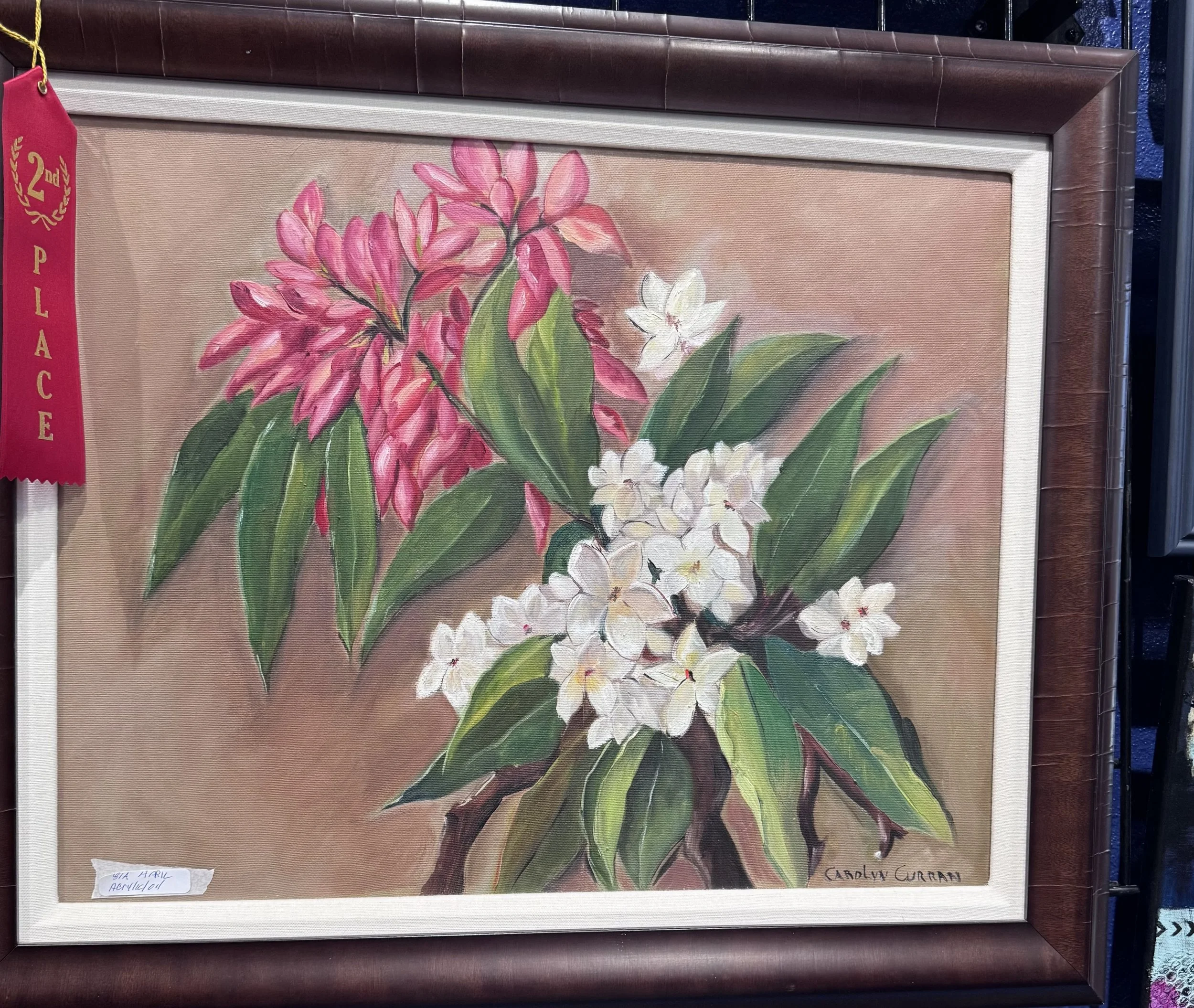A framed watercolor painting of pink and white flowers with green leaves on a beige background, labeled 'Carolyn Curran' at the bottom right corner. A red ribbon on the left side indicates second place.