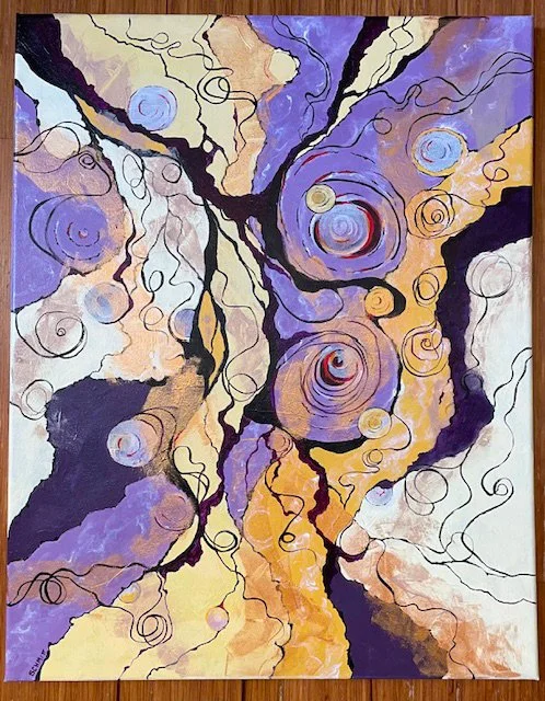 Abstract painting with swirling circular patterns in purple, black, yellow, orange, and white colors.