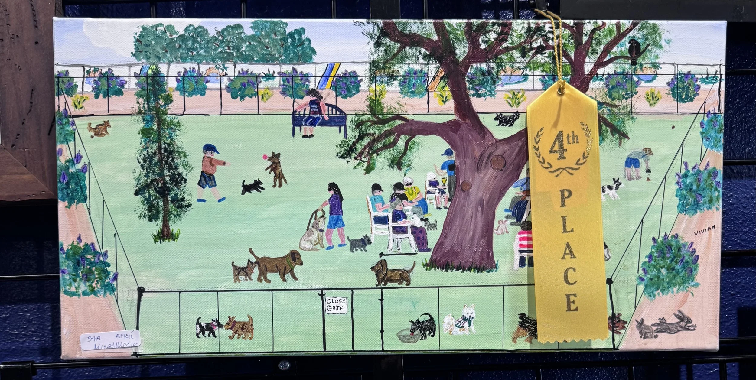 Hand-painted illustration of a park scene with children, adults, and dogs, with trees, a bench, and a yellow ribbon hanging from a tree marked '4th Place'.
