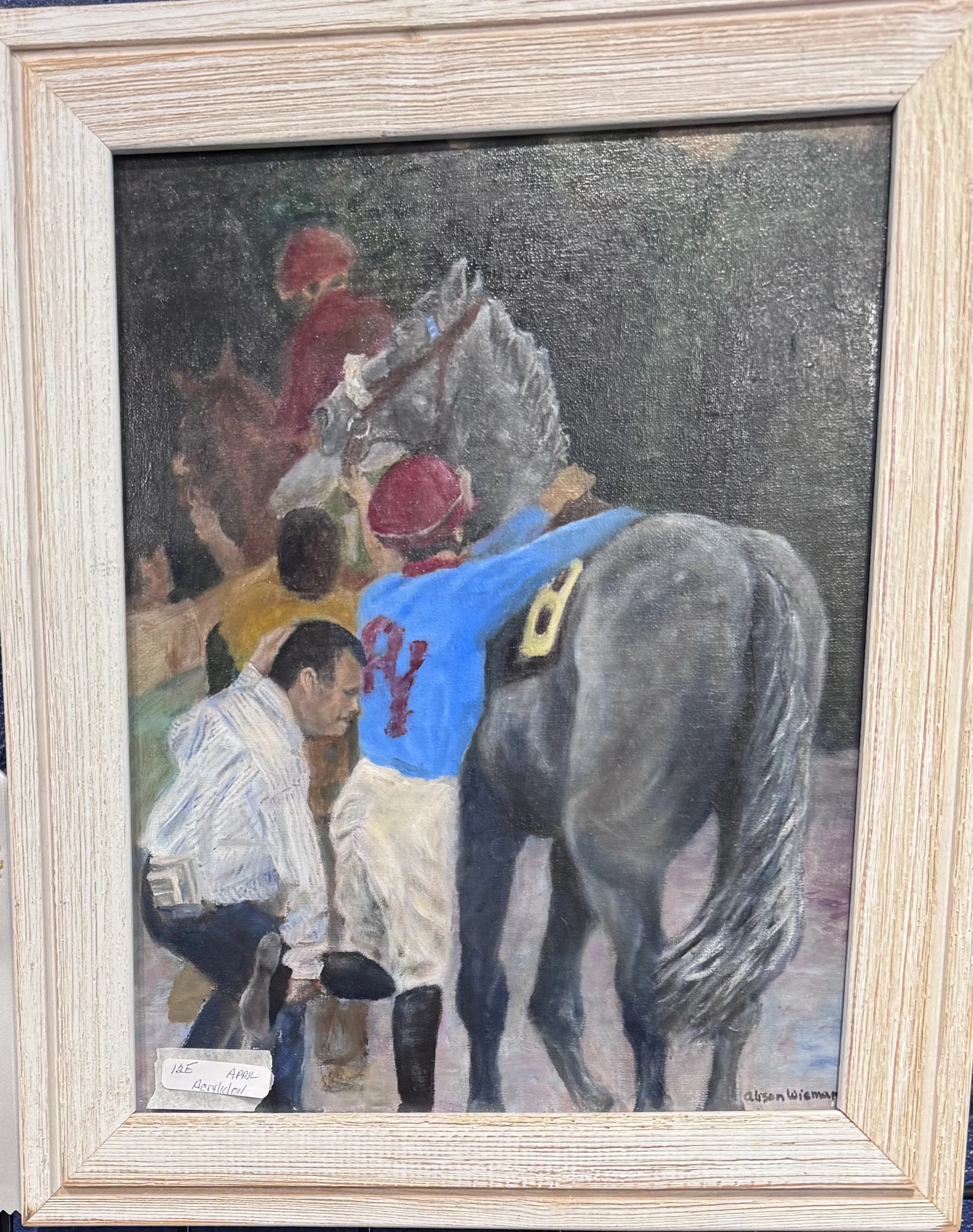 Painting of two soldiers, one in a white uniform and the other in a red uniform, with a dog. The soldiers are standing close together and appear to be in a historical or military scene. Frame of the painting is natural wood.