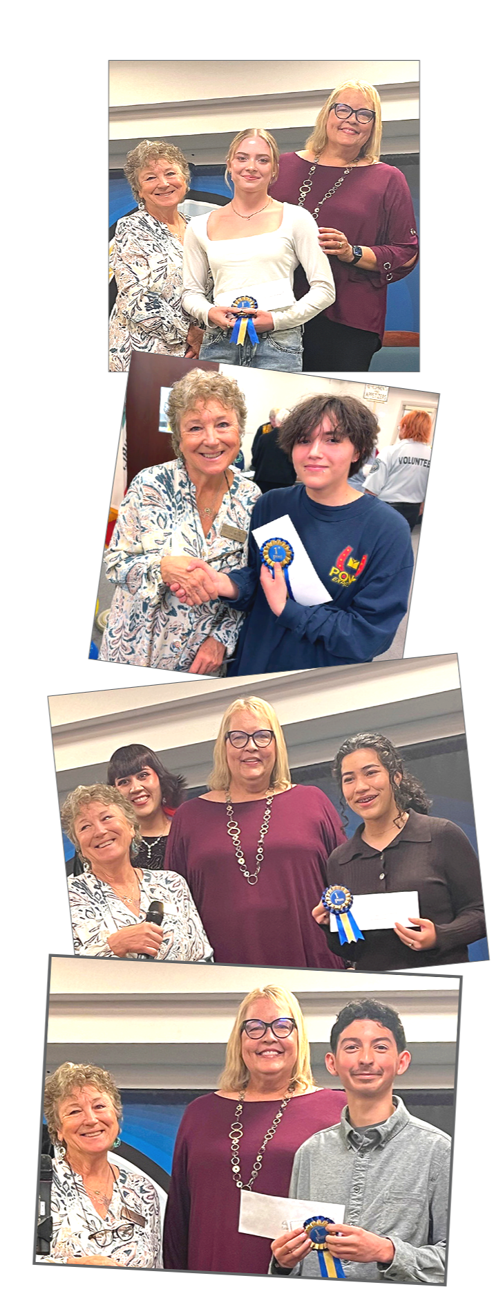 A collage of four photos showing a woman presenting awards to young individuals at an event, with other people and a blue background in some photos.