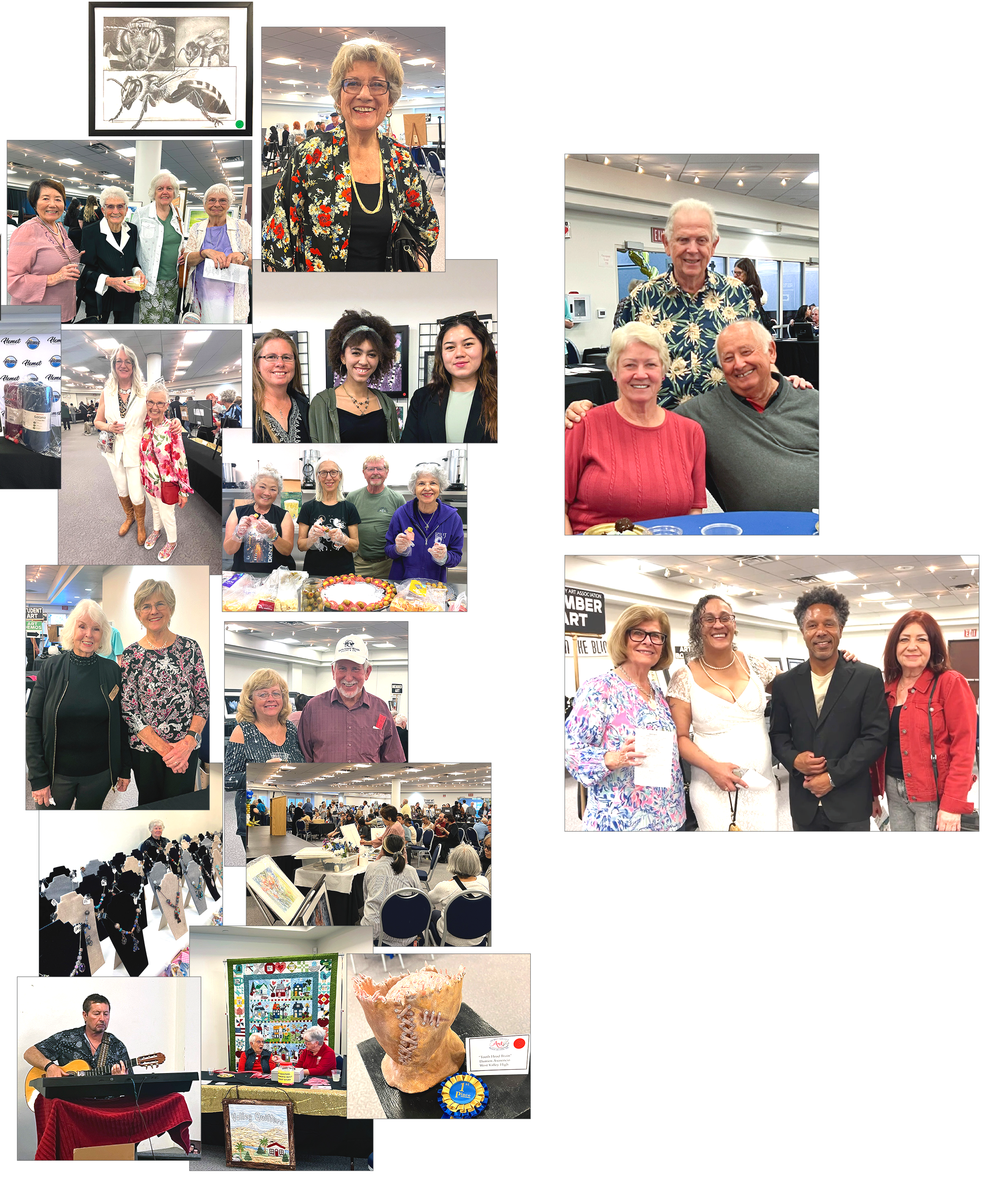 Collage of photos from an event with people smiling, socializing, and participating in activities. Includes group photos of women and men, a musical performance, artwork, and a table with cakes and crafts.