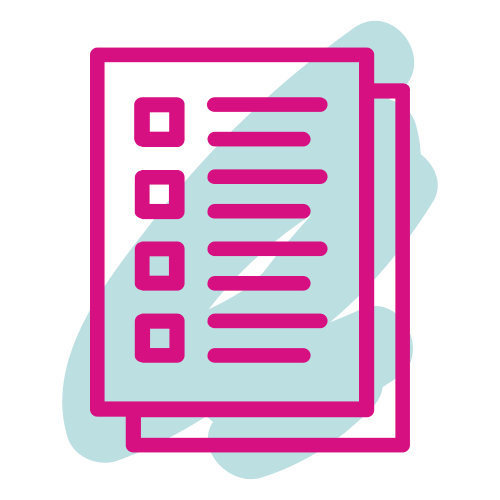 Icon of a checklist with checkboxes and lines of text, outlined in pink, with a background of abstract light blue shapes.