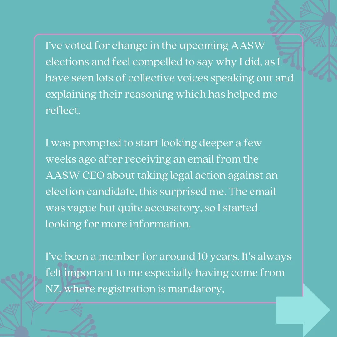 Some Monday evening thoughts, I've got a lot out of reading peoples reflections on Linkedin recently as the AASW elections are on (closes any minute now i think). Given how much I have appreciated the time and effort people have put in to formulate t