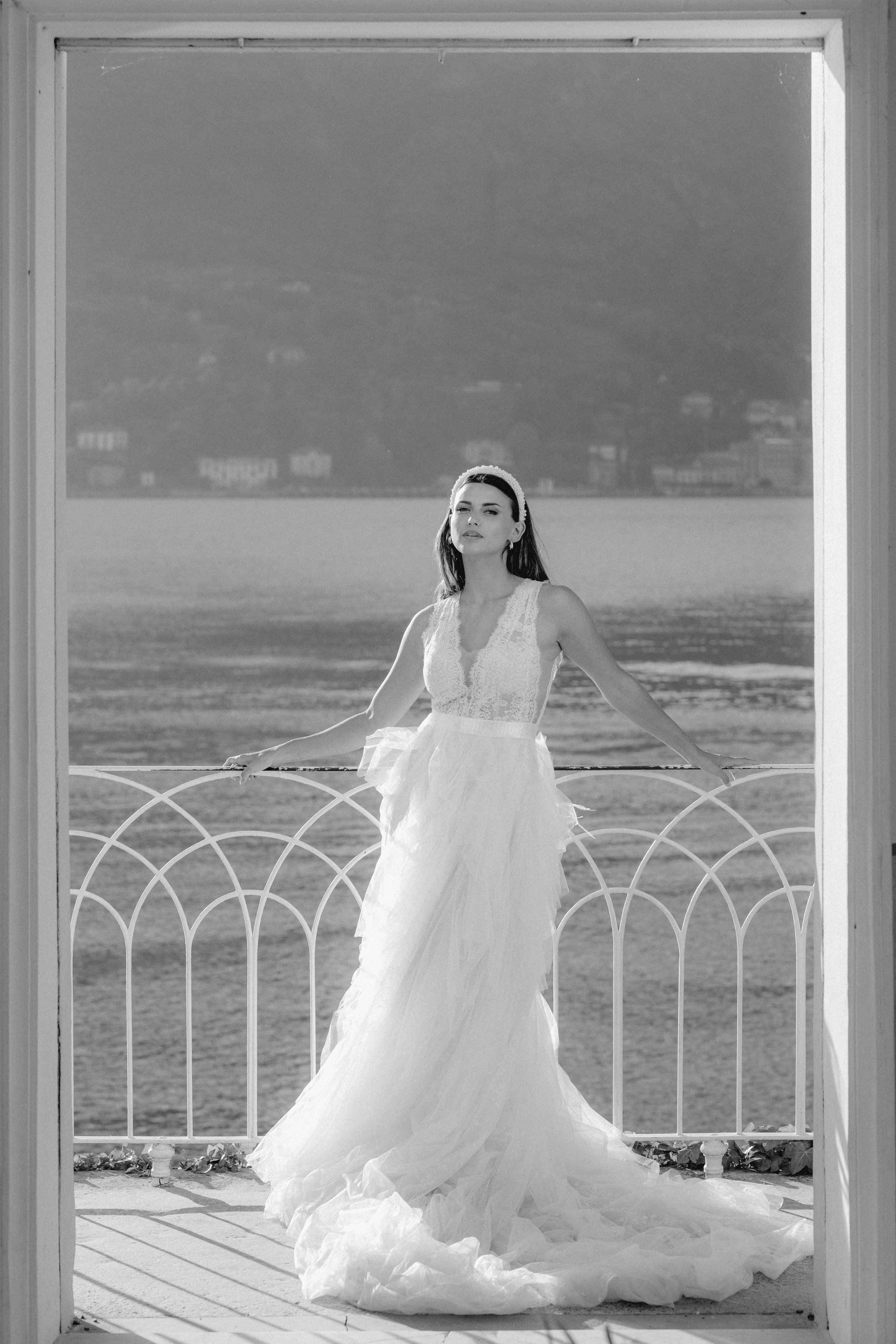 Bridal Portrait in Front of Lake Como with Scenic Backdrop | Elegant Wedding Photography
