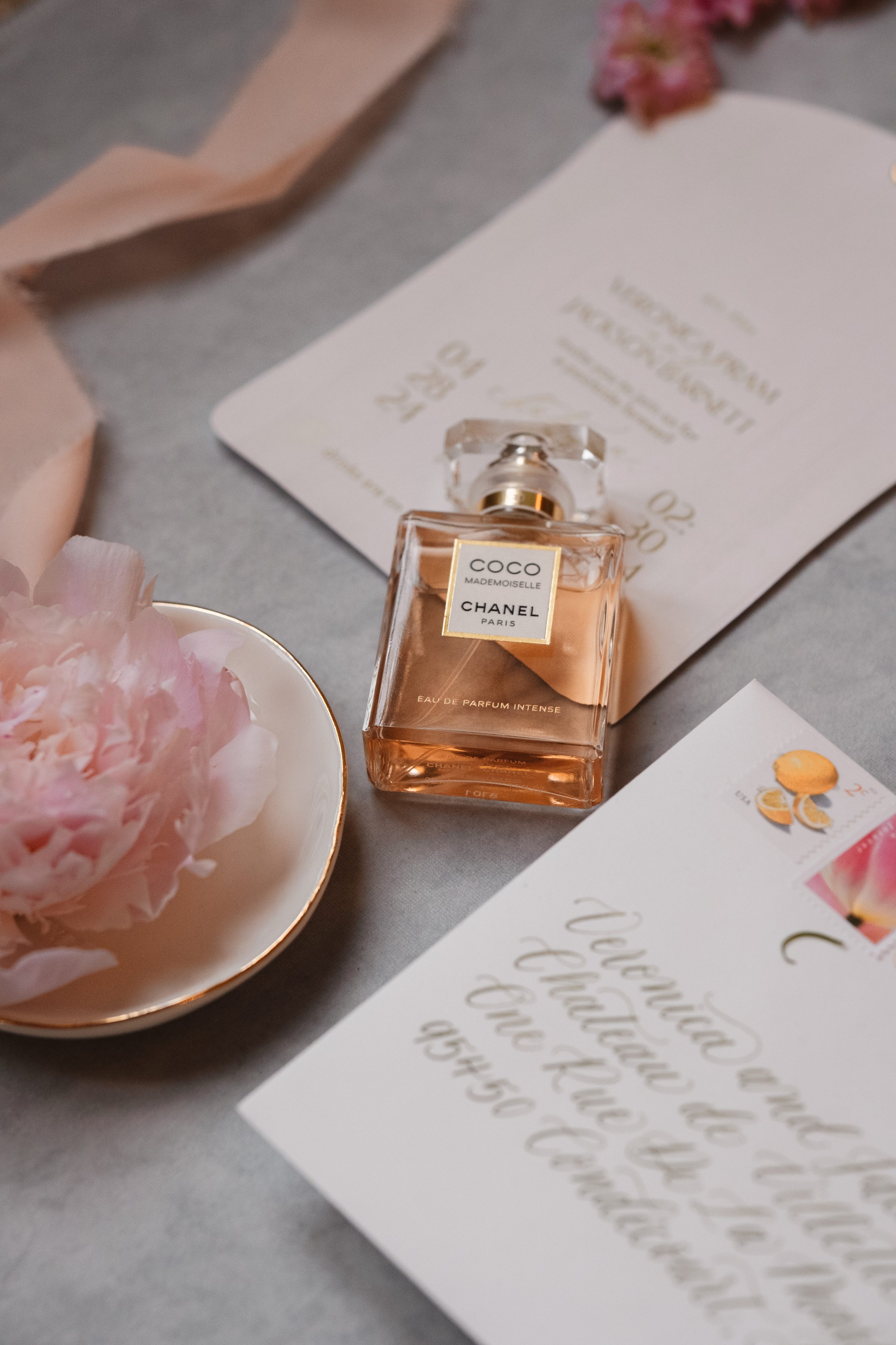 Luxury Wedding Details with Chanel Perfume and Elegant Invitations | Destination Wedding Photography
