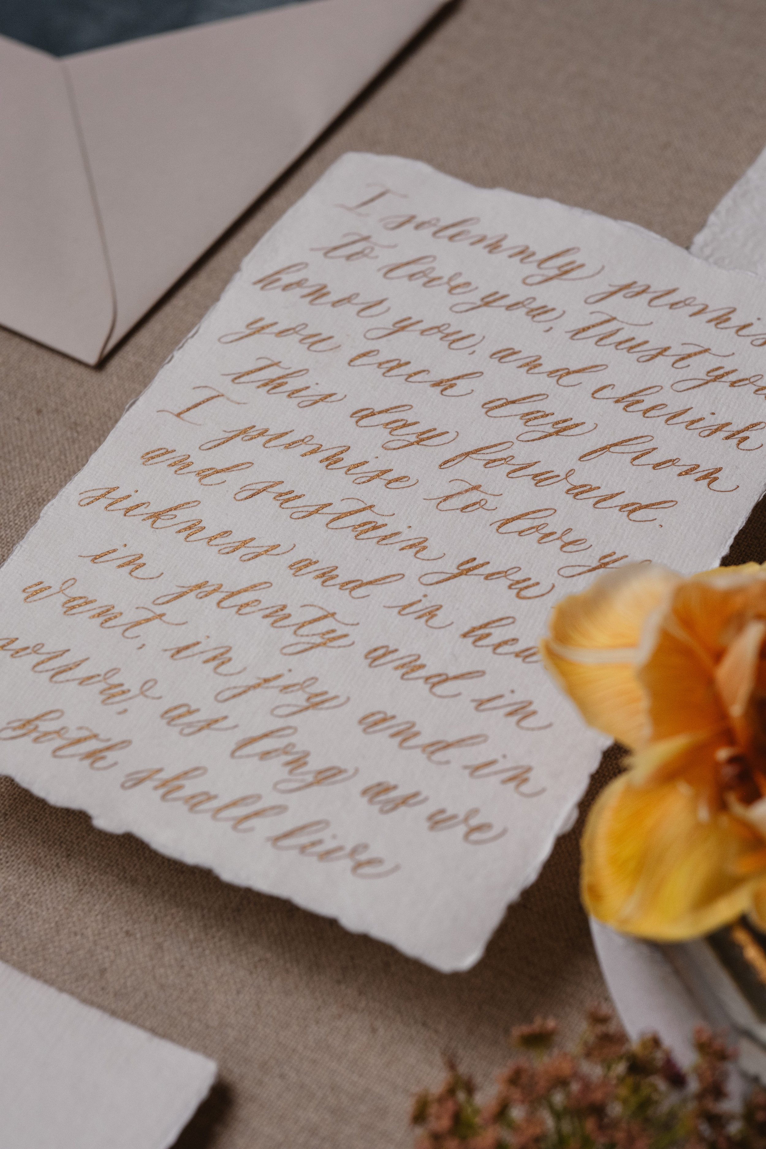 Beautiful Wedding Vows Written on Handmade Paper | Luxury Wedding Photography Details