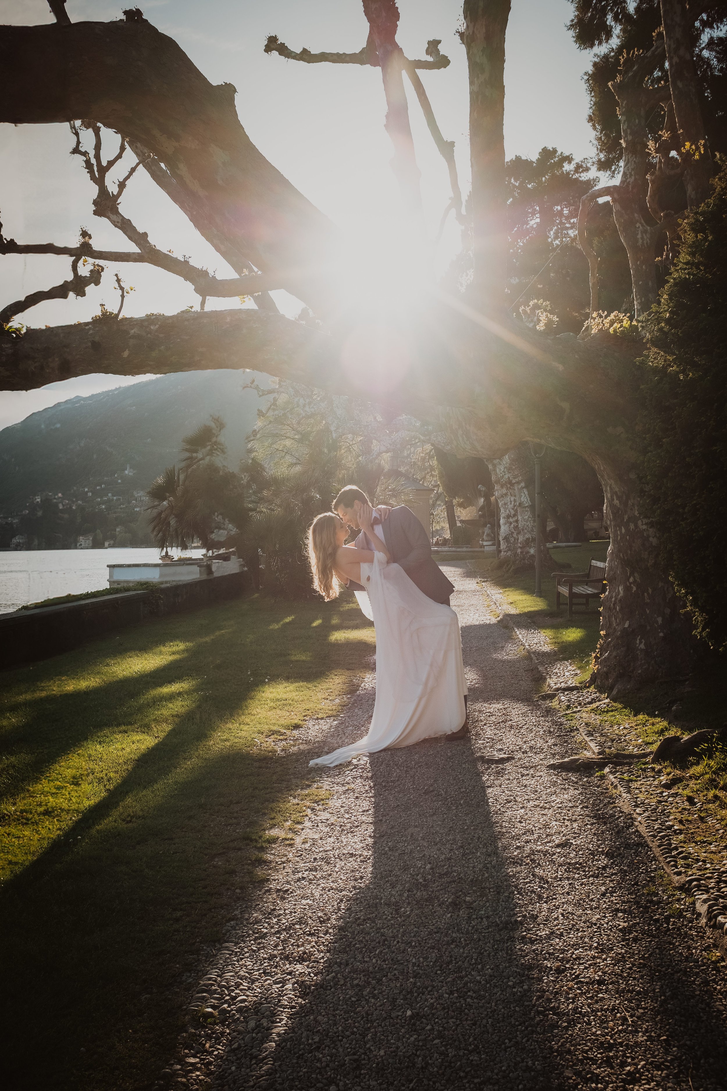 Romantic Wedding Portrait with Golden Hour Glow on Lake Como