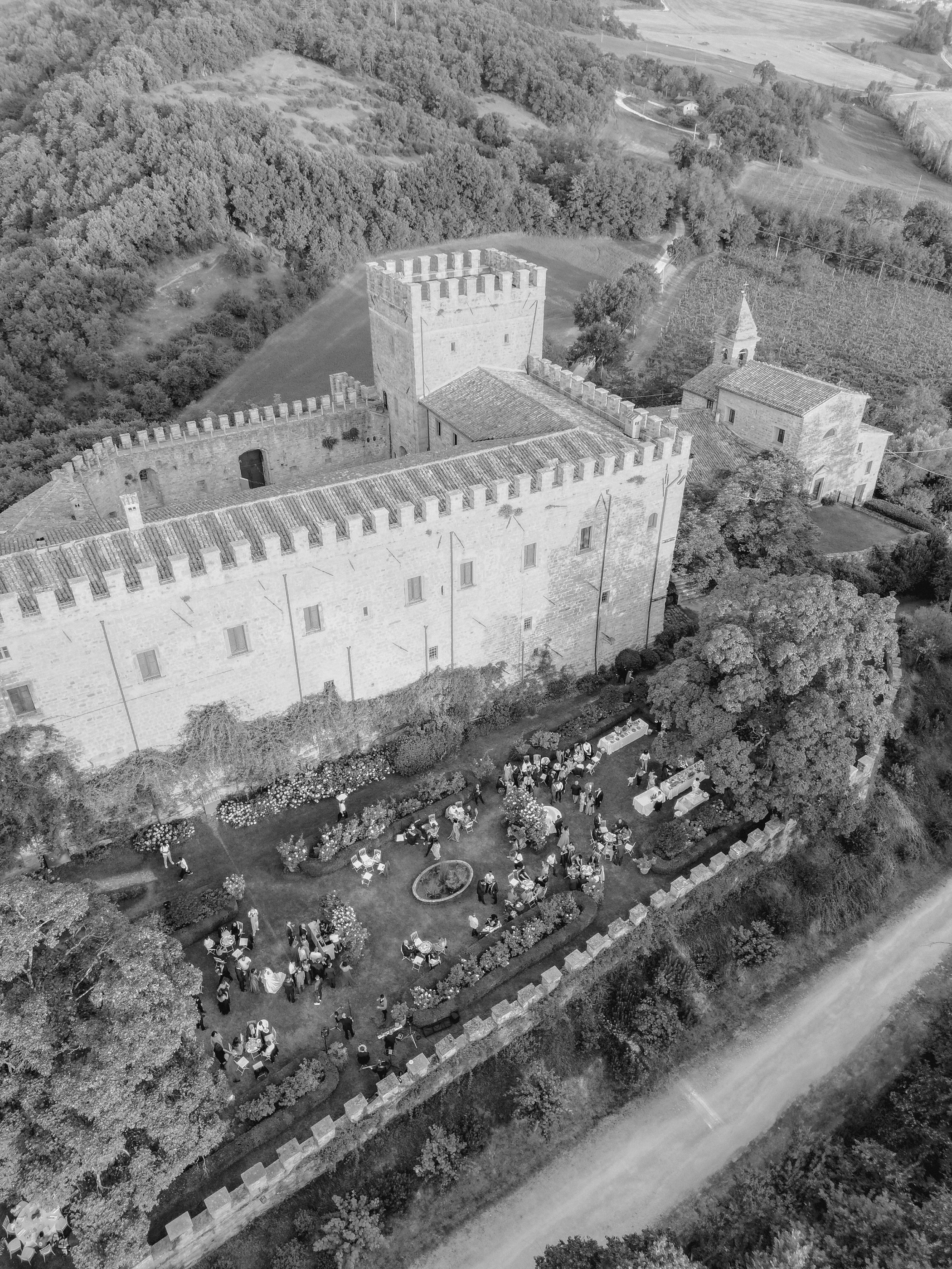 Aerial View of Luxury Wedding at Italian Castle | Destination Wedding Photography in Tuscany