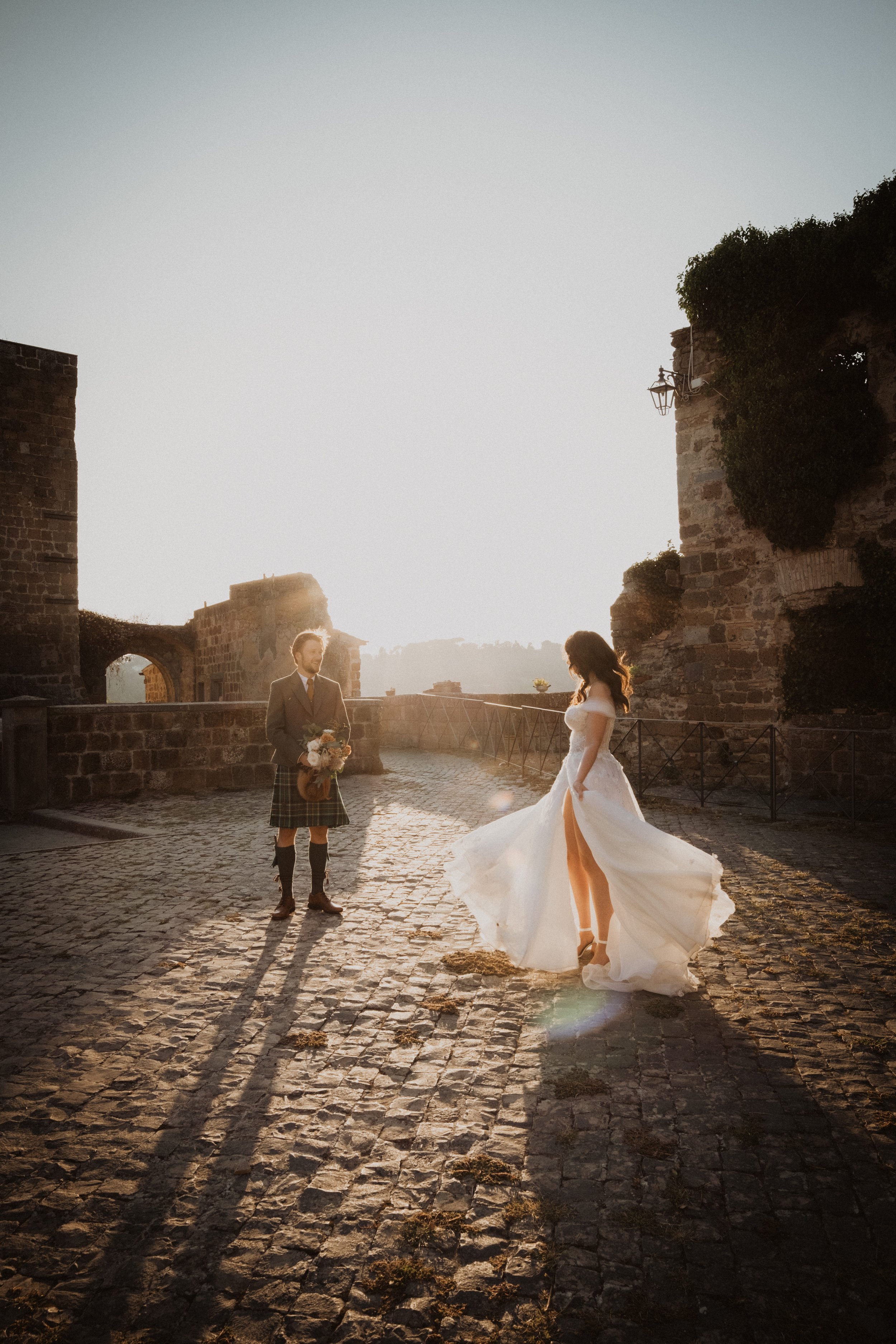Sunset Wedding Portrait at Italian Castle | Destination Wedding Photography in Tuscany
