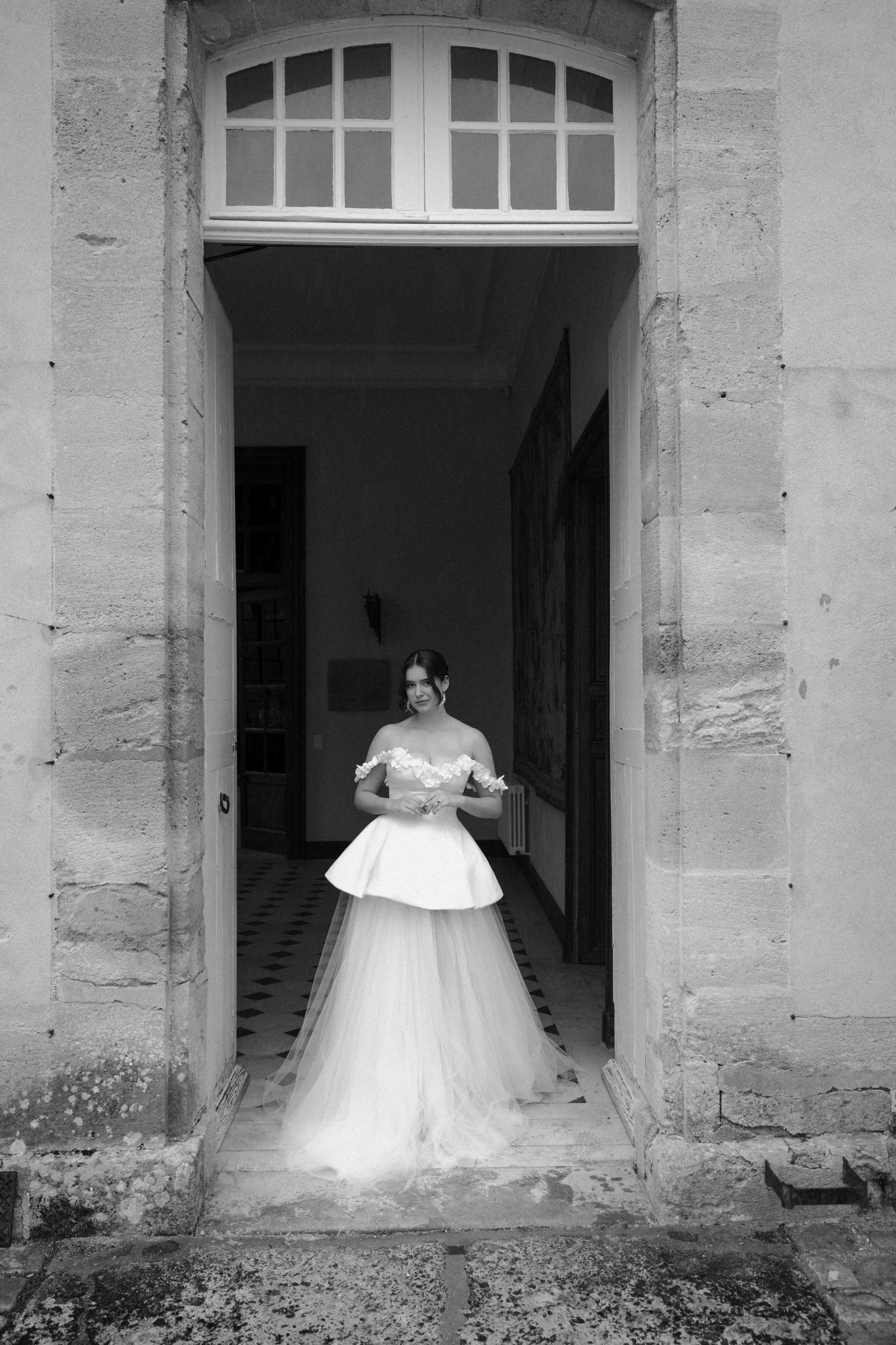 Elegant Bride with Modern Off-Shoulder Gown in Historic Wedding Venue | Destination Wedding Photography