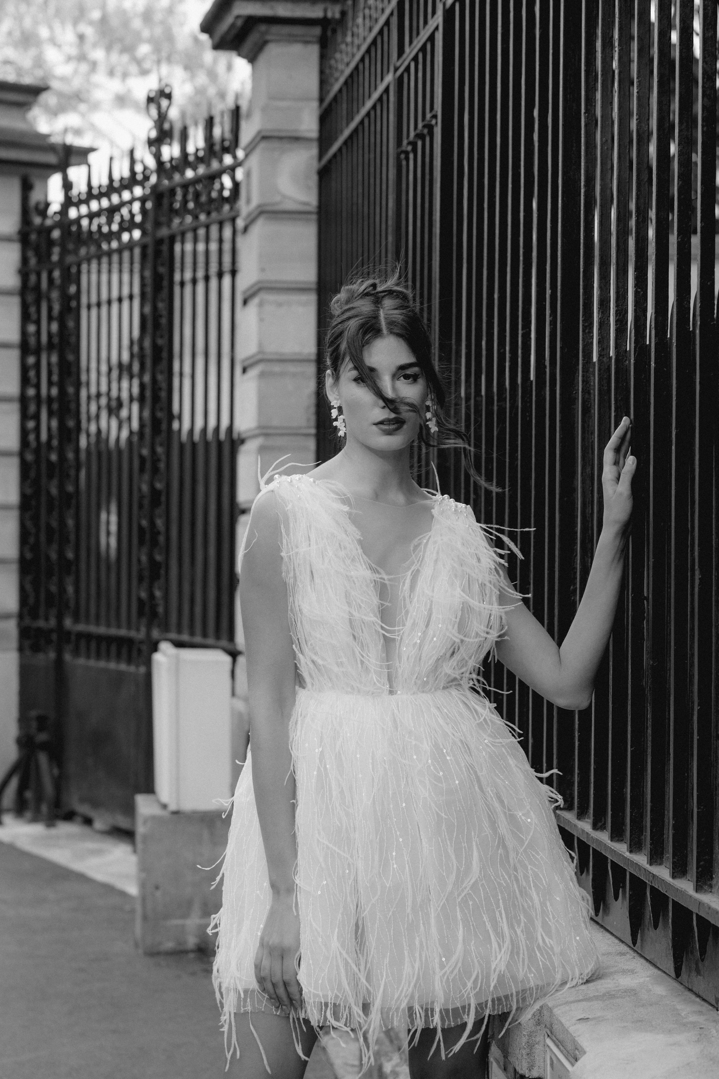Bridal Fashion in Feathered Dress on Parisian Streets | Luxury Wedding Photography
