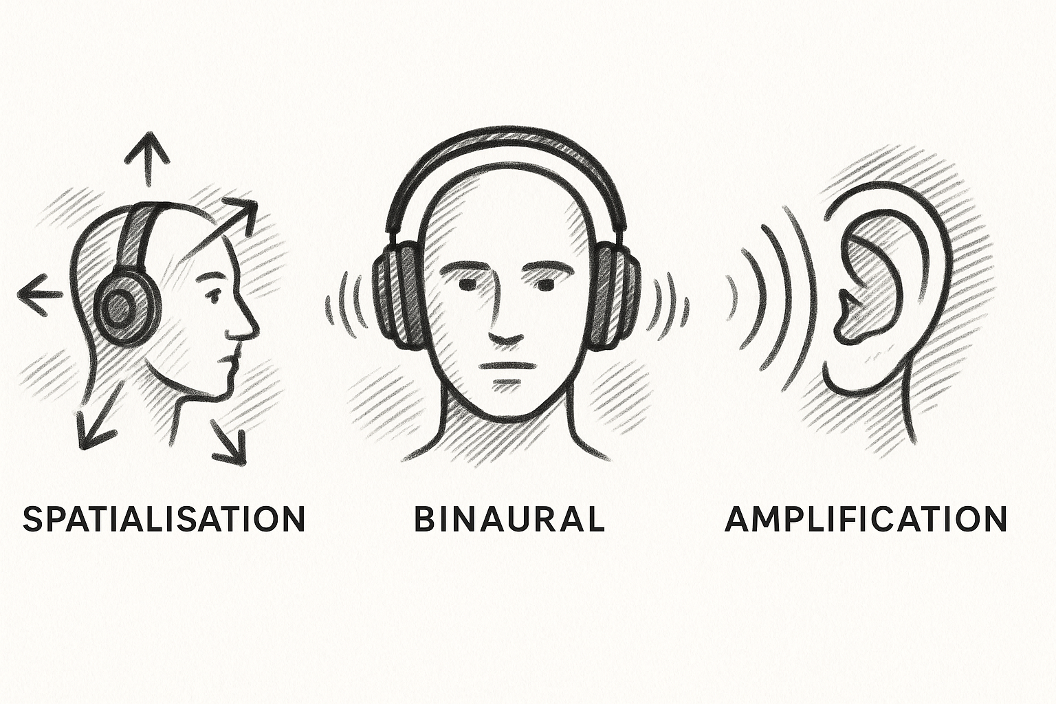 Illustration montrant trois concepts liés aux écouteurs : la spatialisation avec des flèches autour d'une tête, la binaural avec une personne portant des écouteurs, et l'amplification avec des lignes autour de l'oreille.